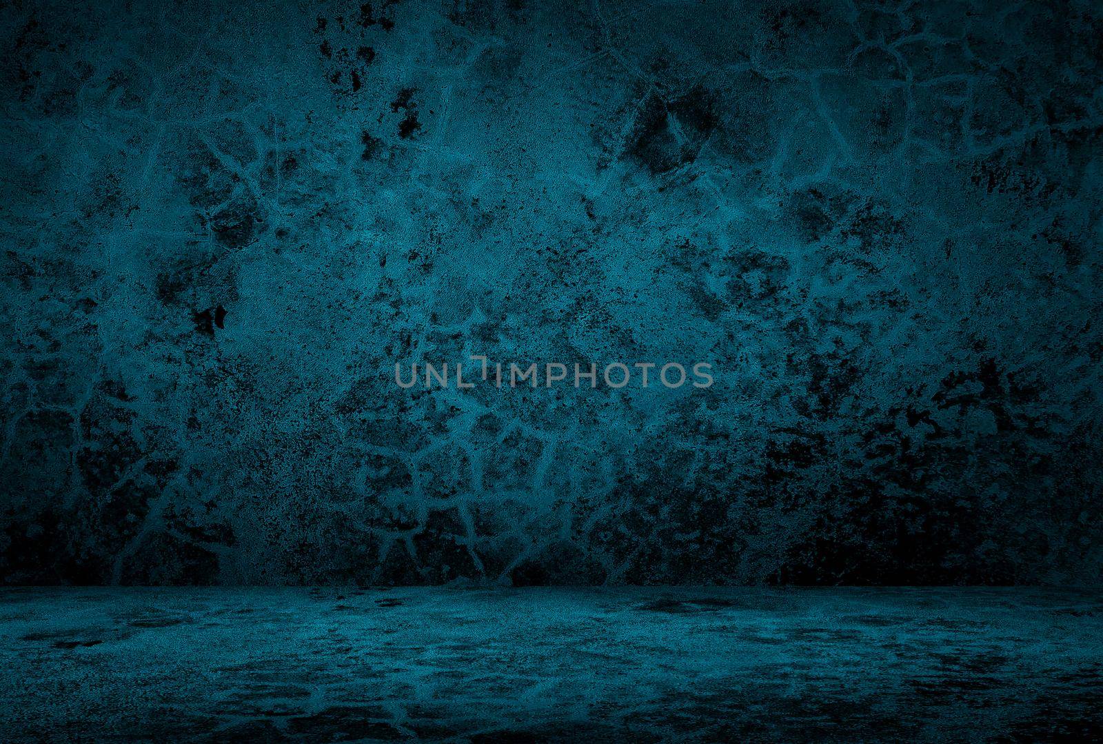 Vintage grunge blue concrete texture studio wall background with vignette