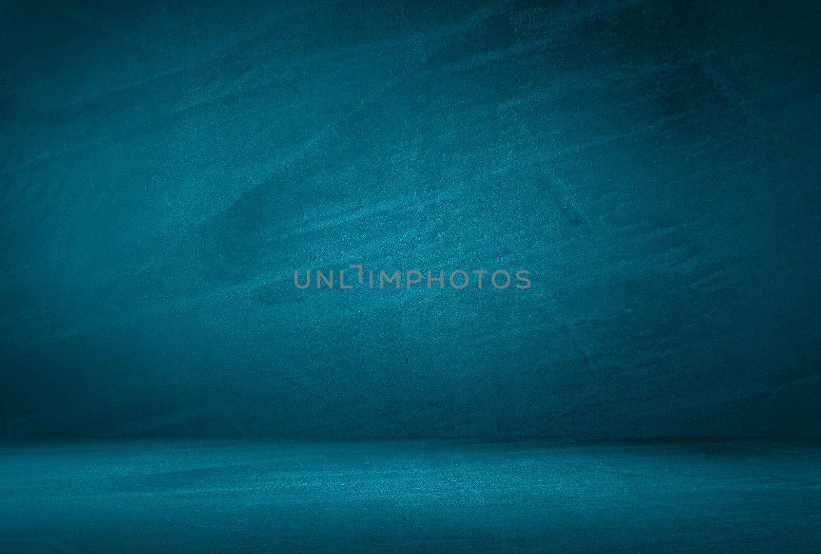 Vintage grunge blue concrete texture studio wall background with vignette