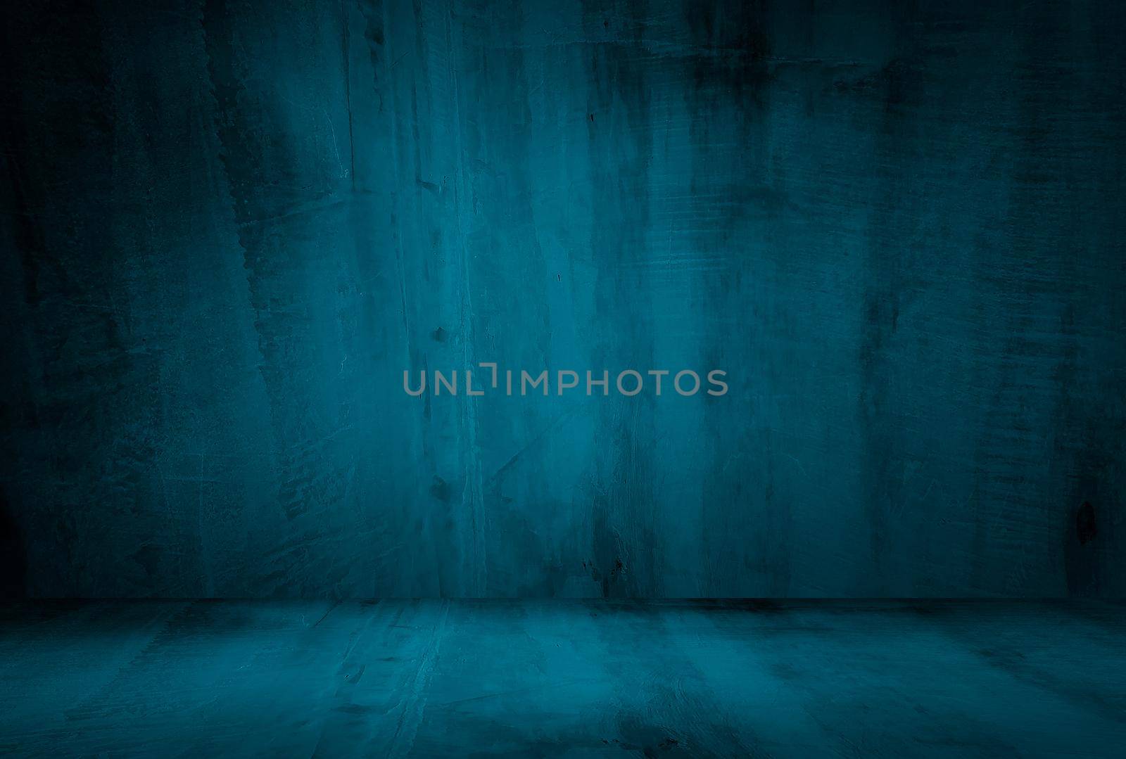 Vintage grunge blue concrete texture studio wall background with vignette