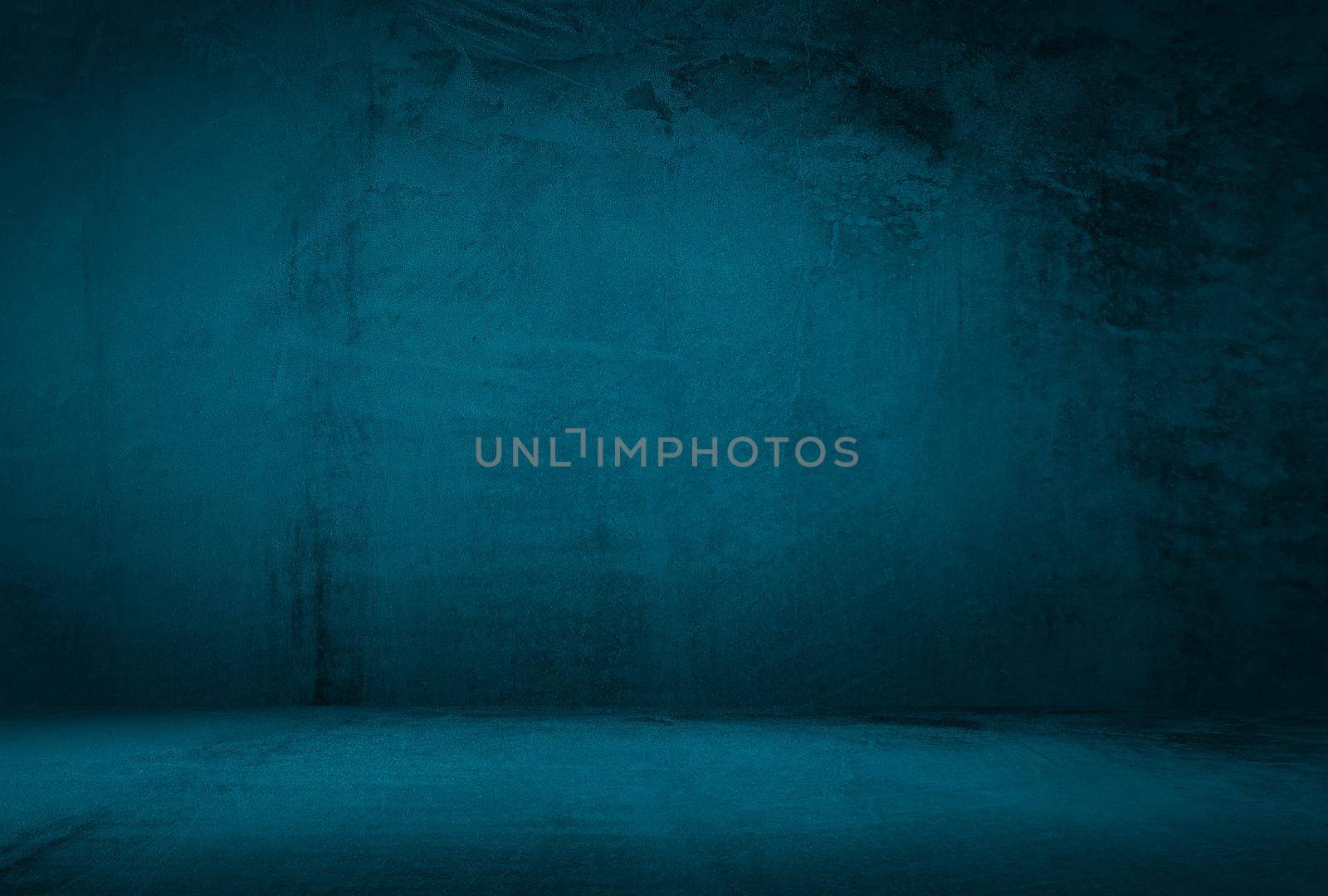 Vintage grunge blue concrete texture studio wall background with vignette