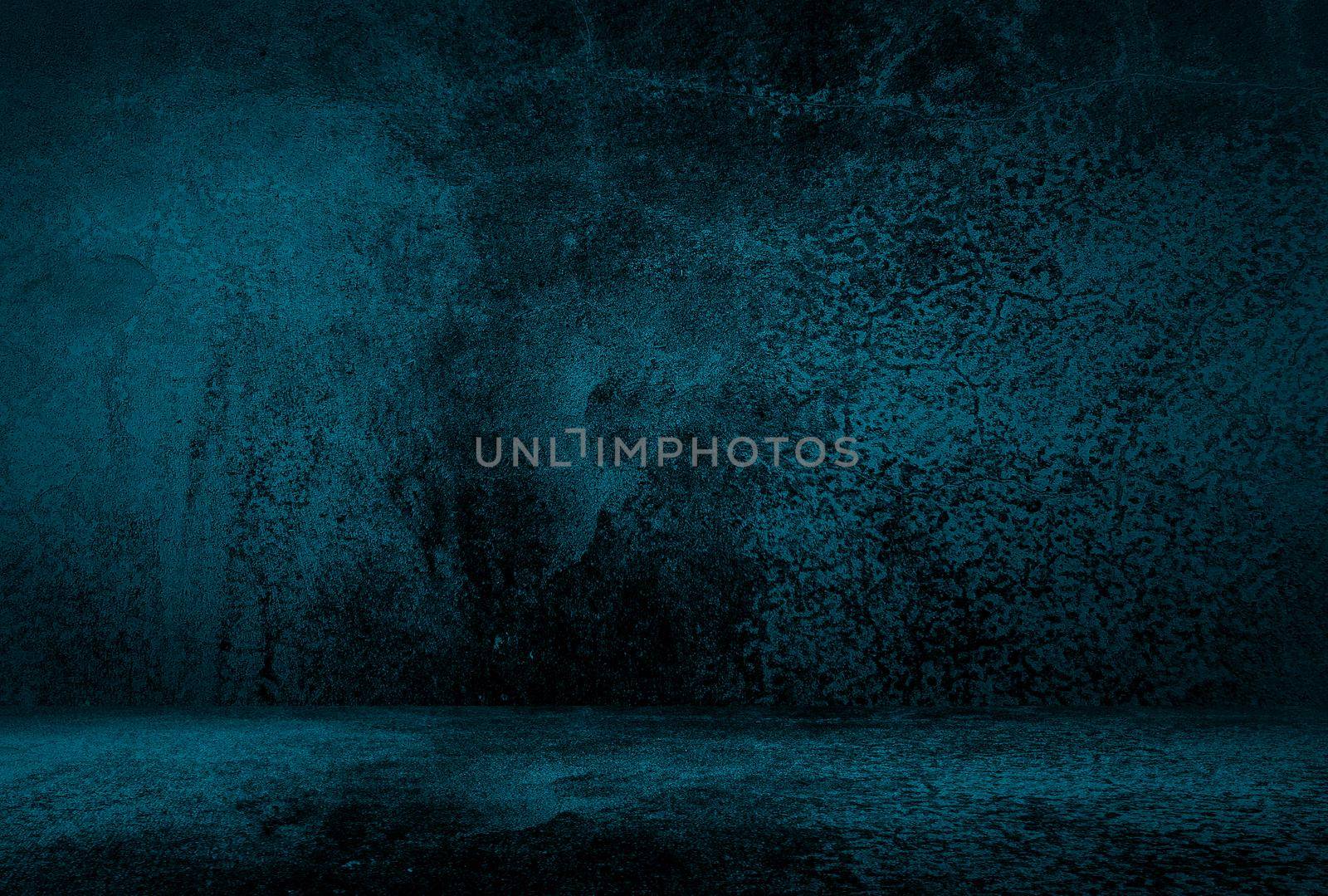 Vintage grunge blue concrete texture studio wall background with vignette