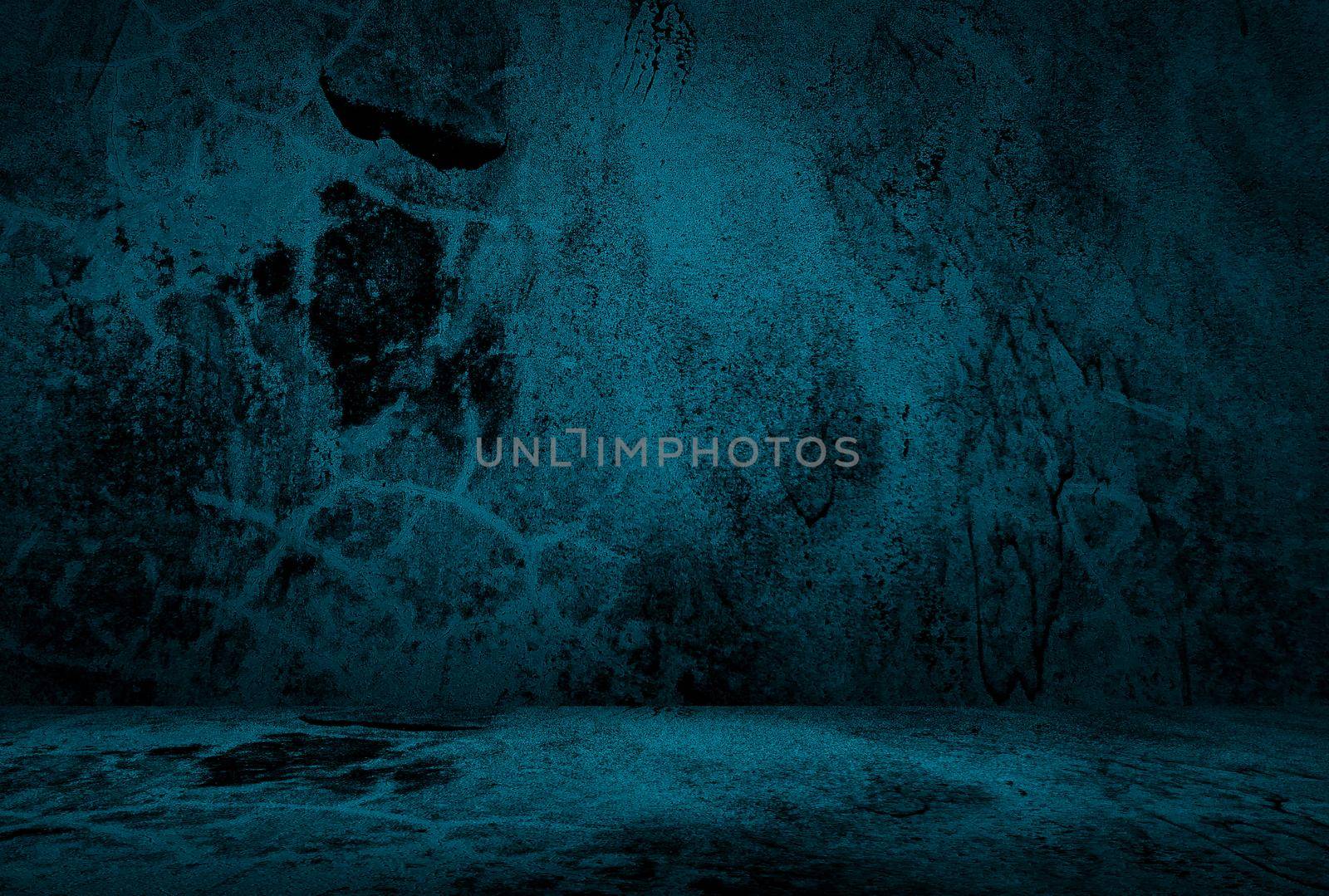 Vintage grunge blue concrete texture studio wall background with vignette