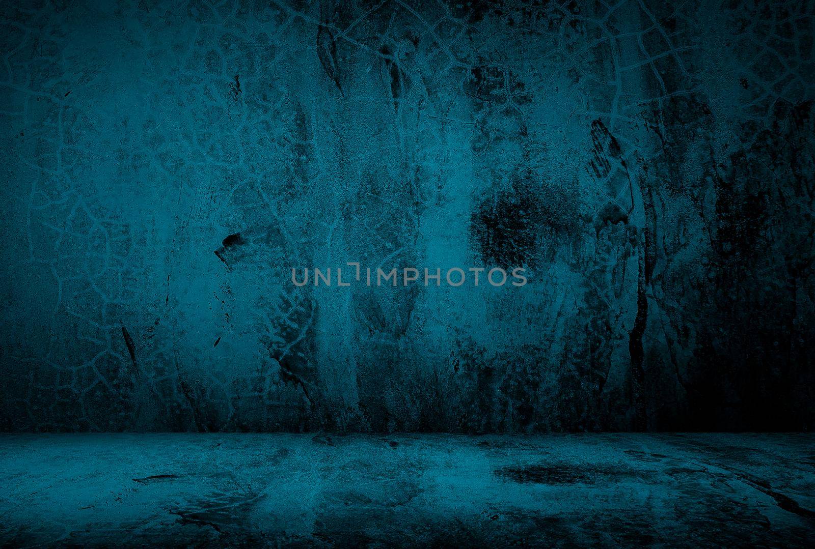 Vintage grunge blue concrete texture studio wall background with vignette. by Benzoix