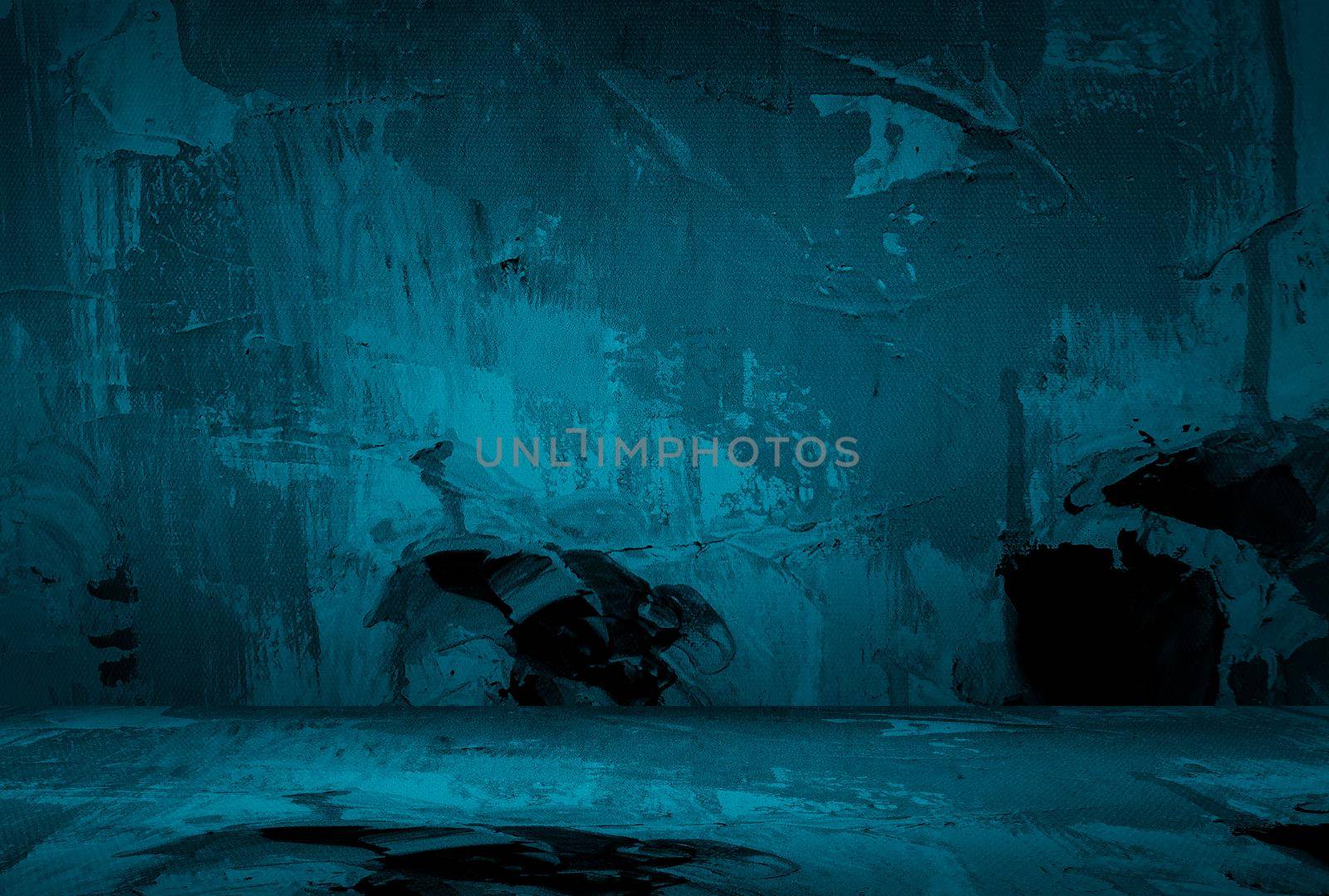 Vintage grunge blue concrete texture studio wall background with vignette