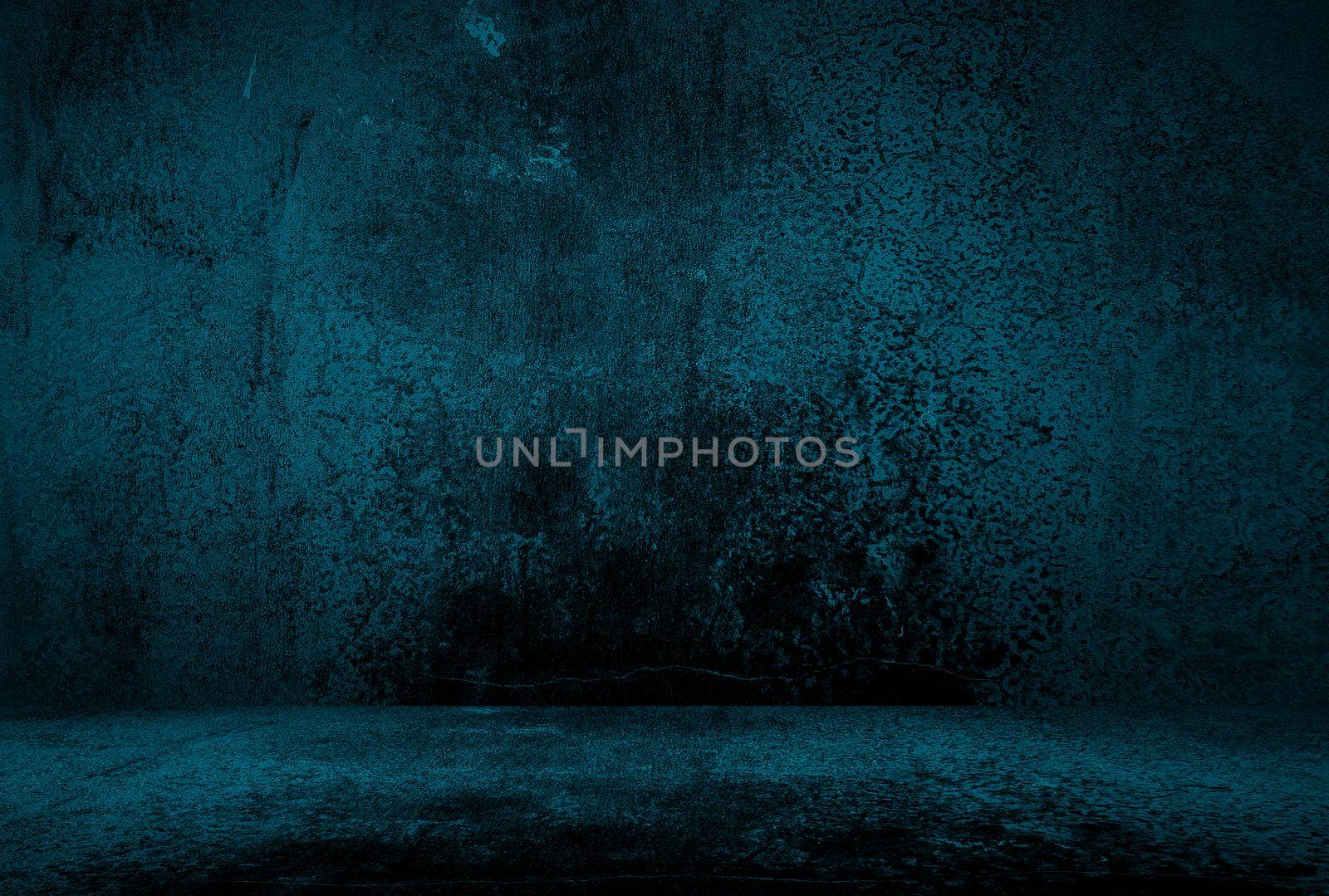 Vintage grunge blue concrete texture studio wall background with vignette