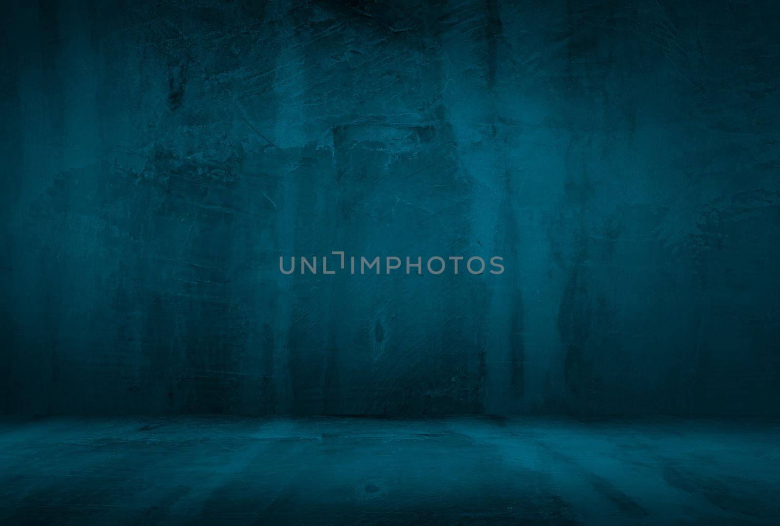 Vintage grunge blue concrete texture studio wall background with vignette