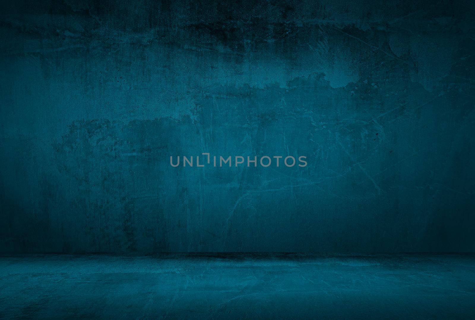 Vintage grunge blue concrete texture studio wall background with vignette