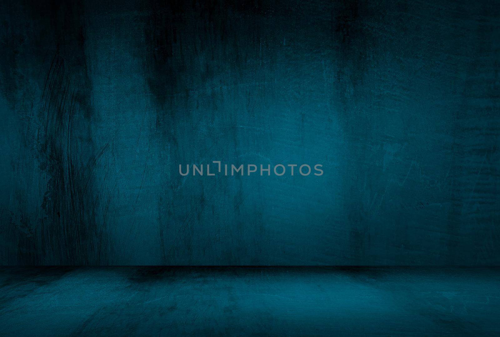 Vintage grunge blue concrete texture studio wall background with vignette