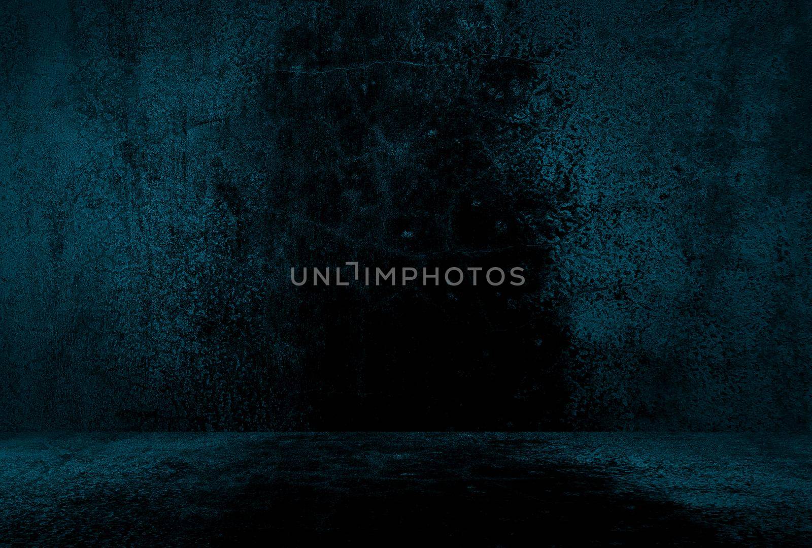 Vintage grunge blue concrete texture studio wall background with vignette