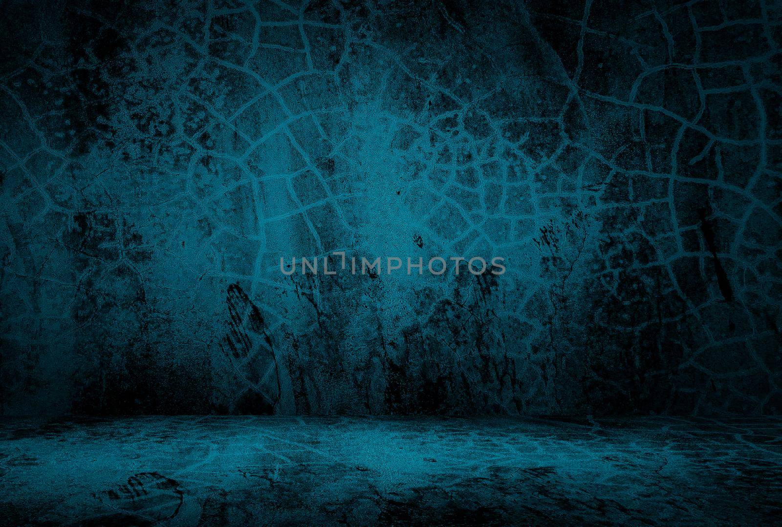 Vintage grunge blue concrete texture studio wall background with vignette. by Benzoix