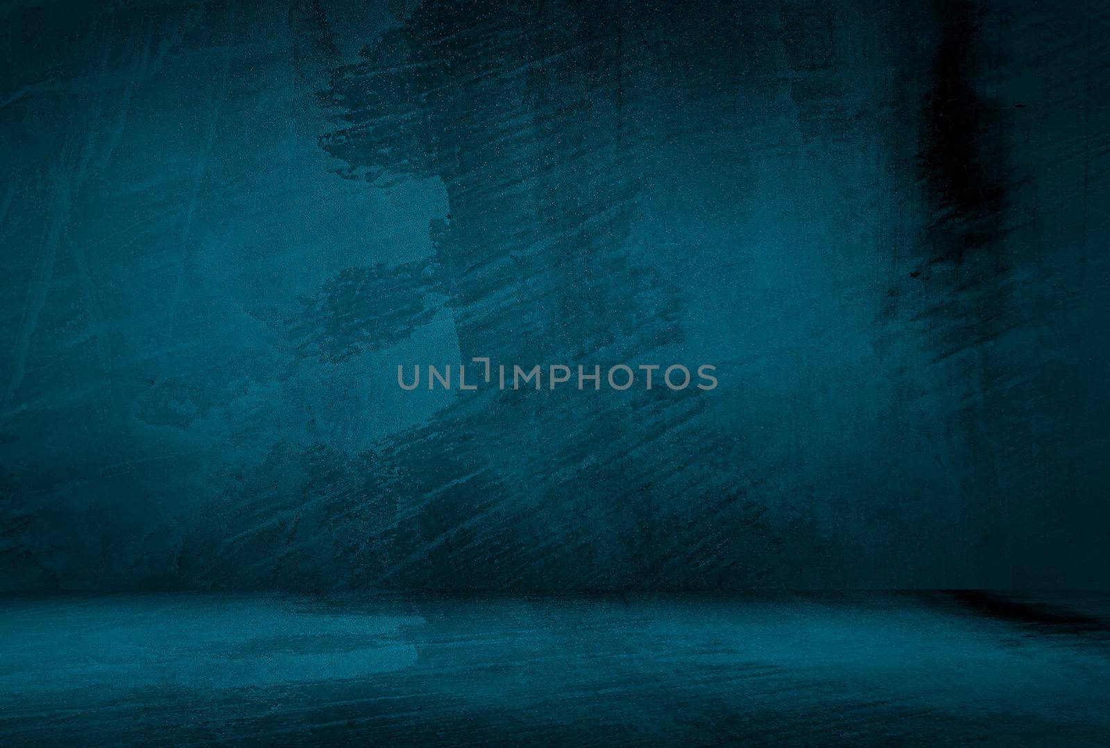 Vintage grunge blue concrete texture studio wall background with vignette