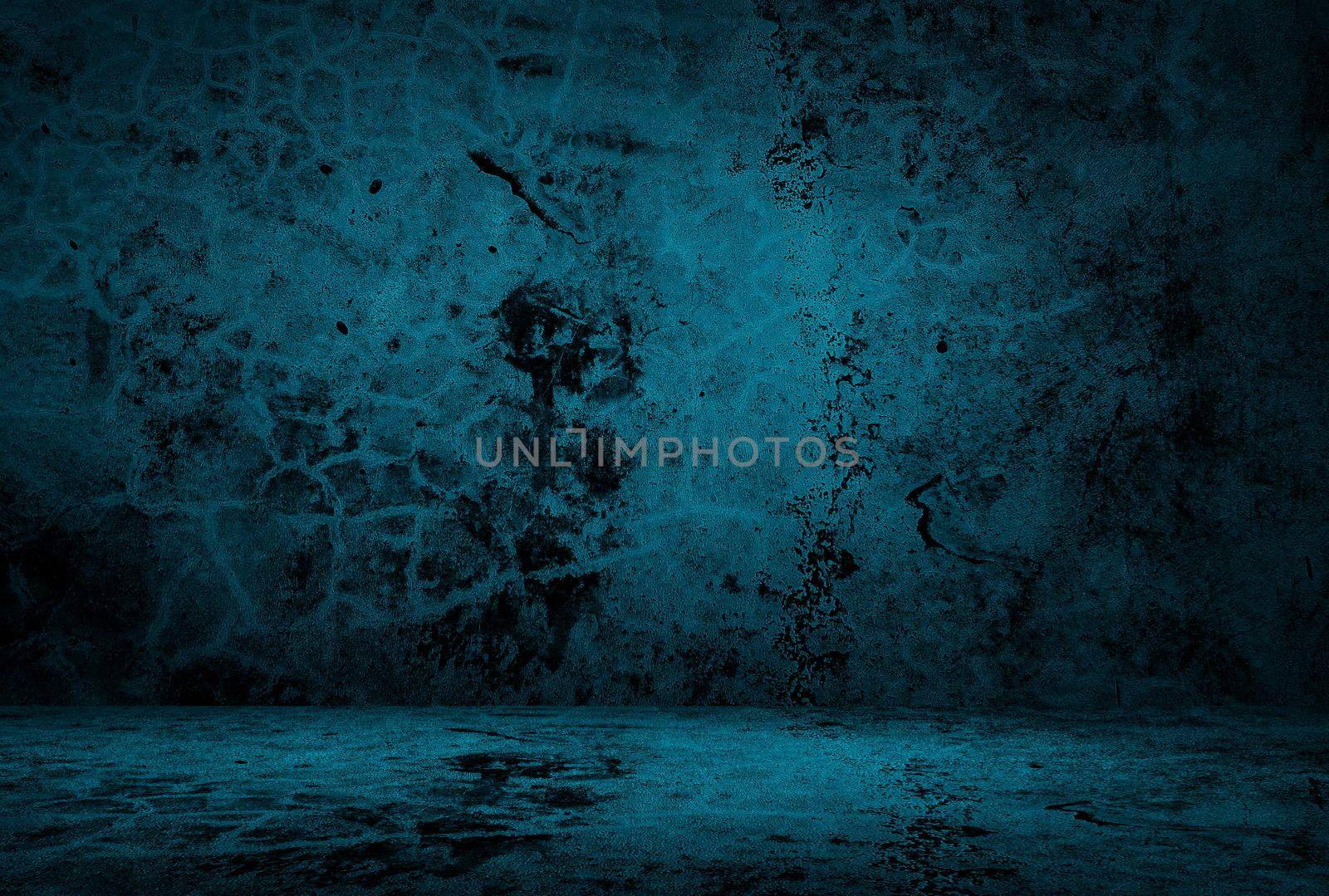 Vintage grunge blue concrete texture studio wall background with vignette. by Benzoix