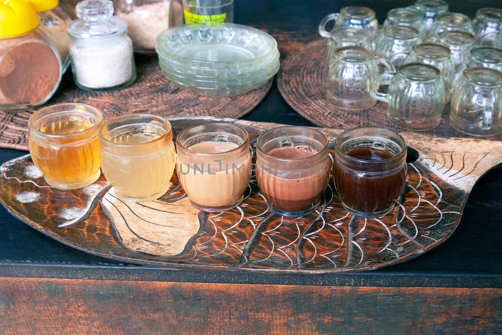 tasting set of coffee, Luwak coffee (Kopi Luwak), fruit and herb tea and cocoa at Luwak coffee farm, Kintamani, Bali, Indonesia