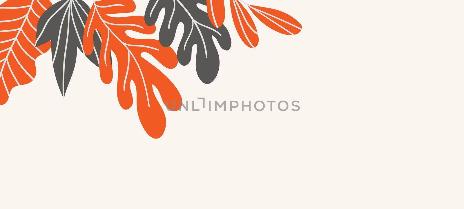 Floral web banner with drawn color exotic leaves. Nature concept design. Modern floral compositions with summer branches. Vector illustration on the theme of ecology, natura, environment.