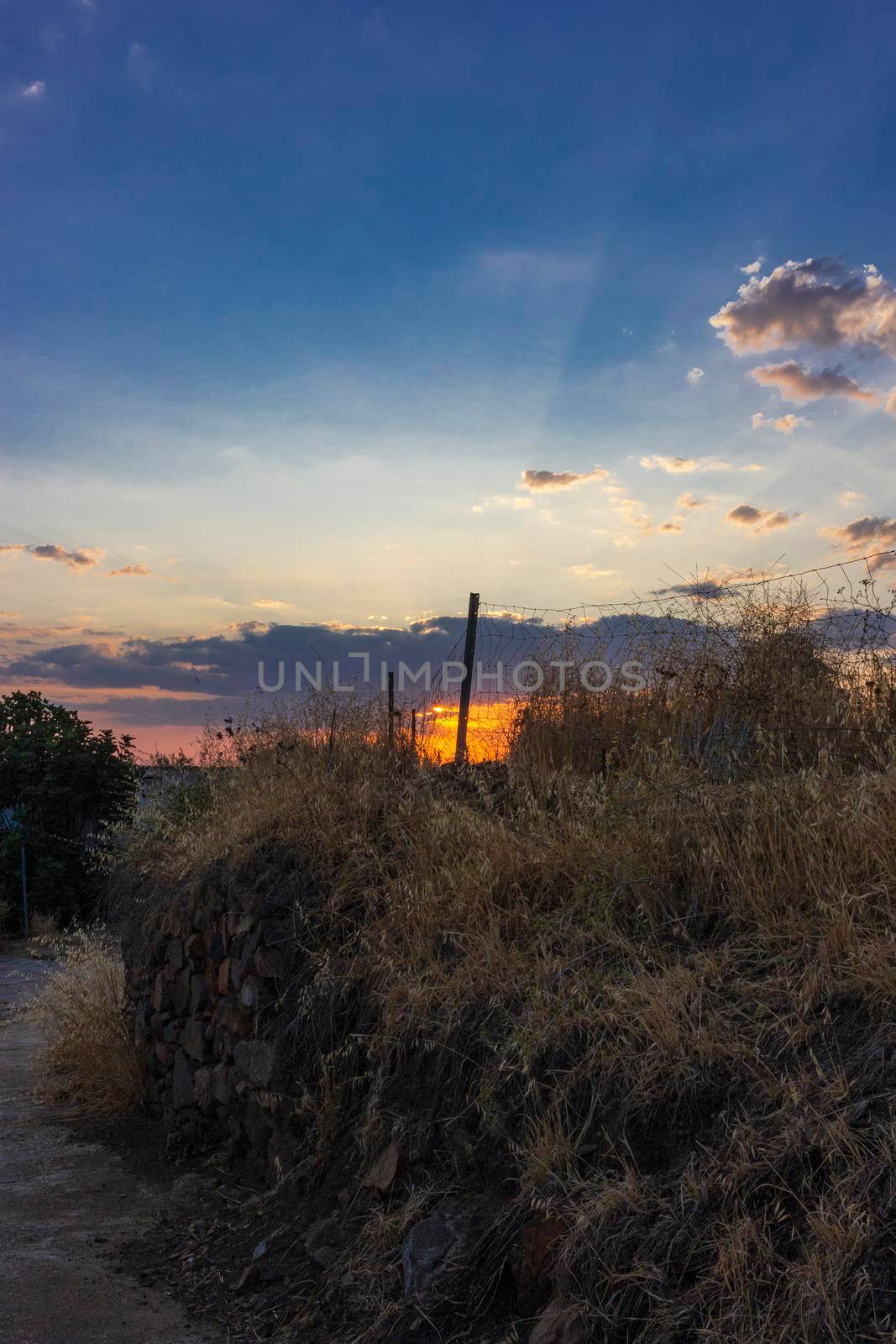 Stone wall in a field in Andalusia with a sunset sky in Spain