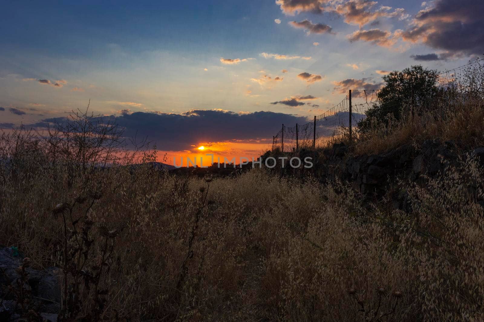 Backlit sunset with yellow, red and blue colors in southern Andalusia, Spain