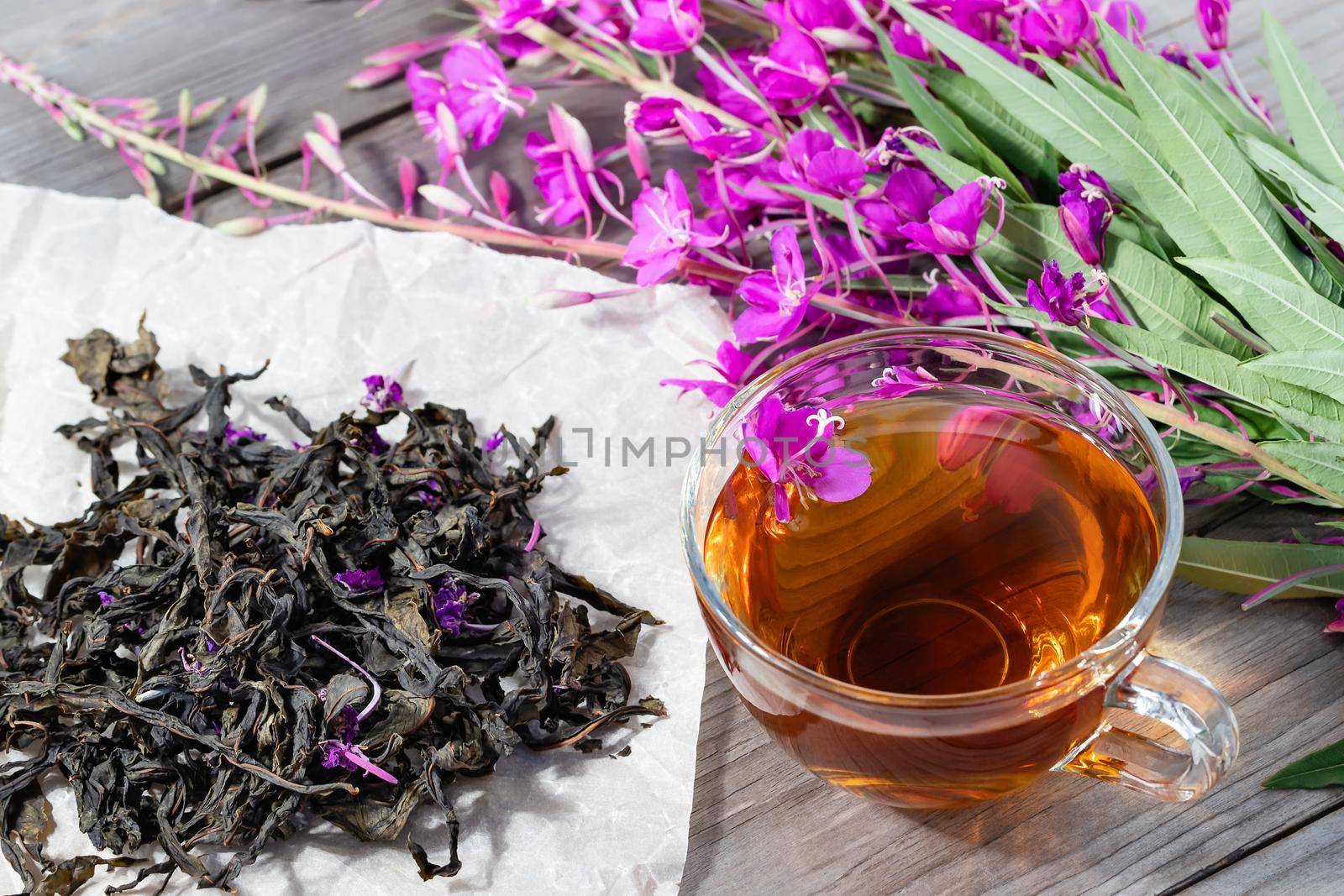 Herbal tea made from fireweed known as blooming sally in cup.