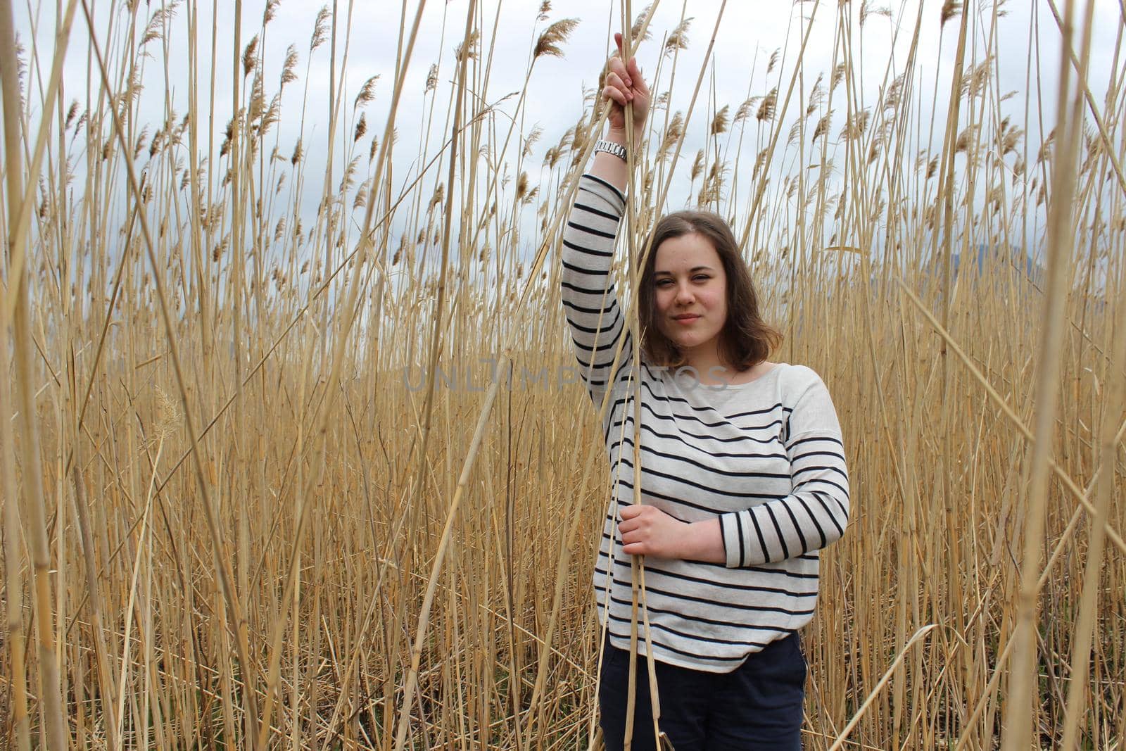 Portrait of a young girl in an outdoor field against a backdrop of wheat or tall grass. High quality photo