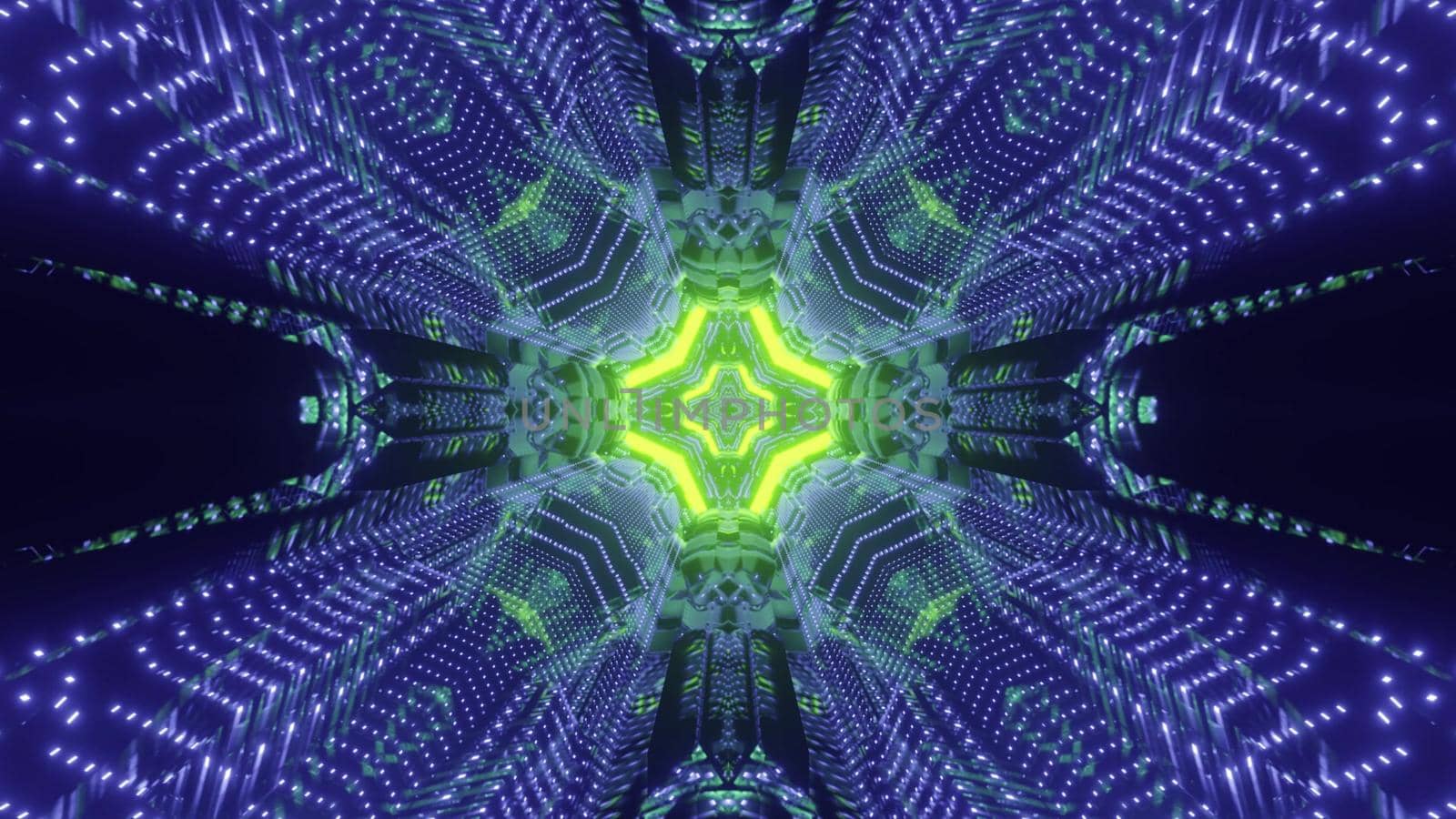 Green and blue colored pattern of futuristic sci fi tunnel in darkness 3d illustration