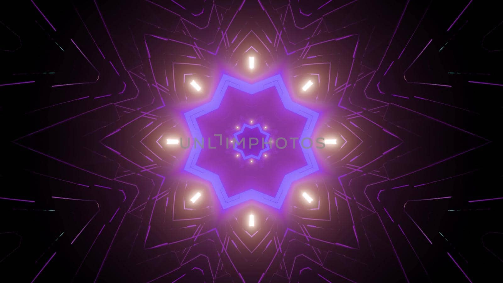 Kaleidoscopic futuristic 3d illustration of symmetric star shaped pattern glowing with neon light in dark