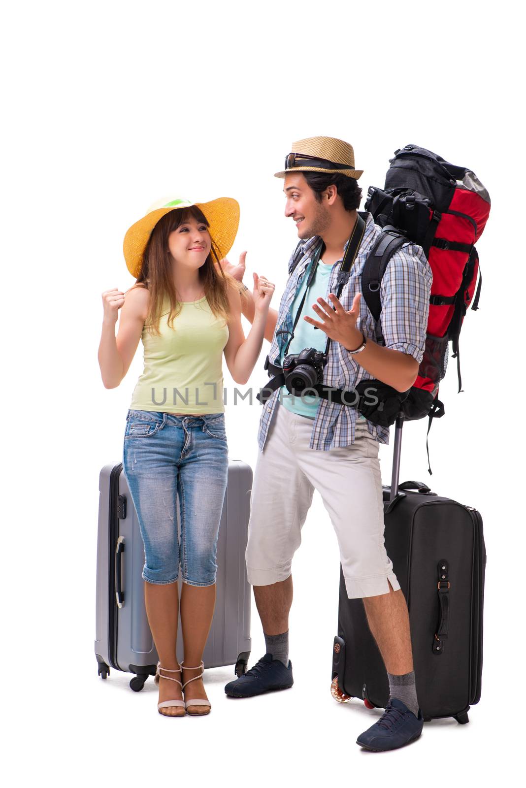 Young family preparing for vacation travel on white by Elnur