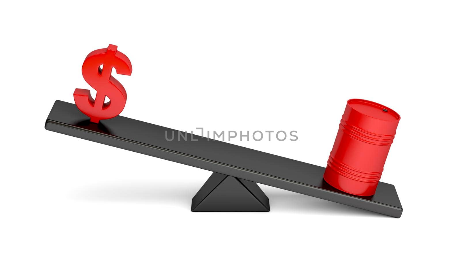 Dollar sign and oil barrel on a seesaw by magraphics