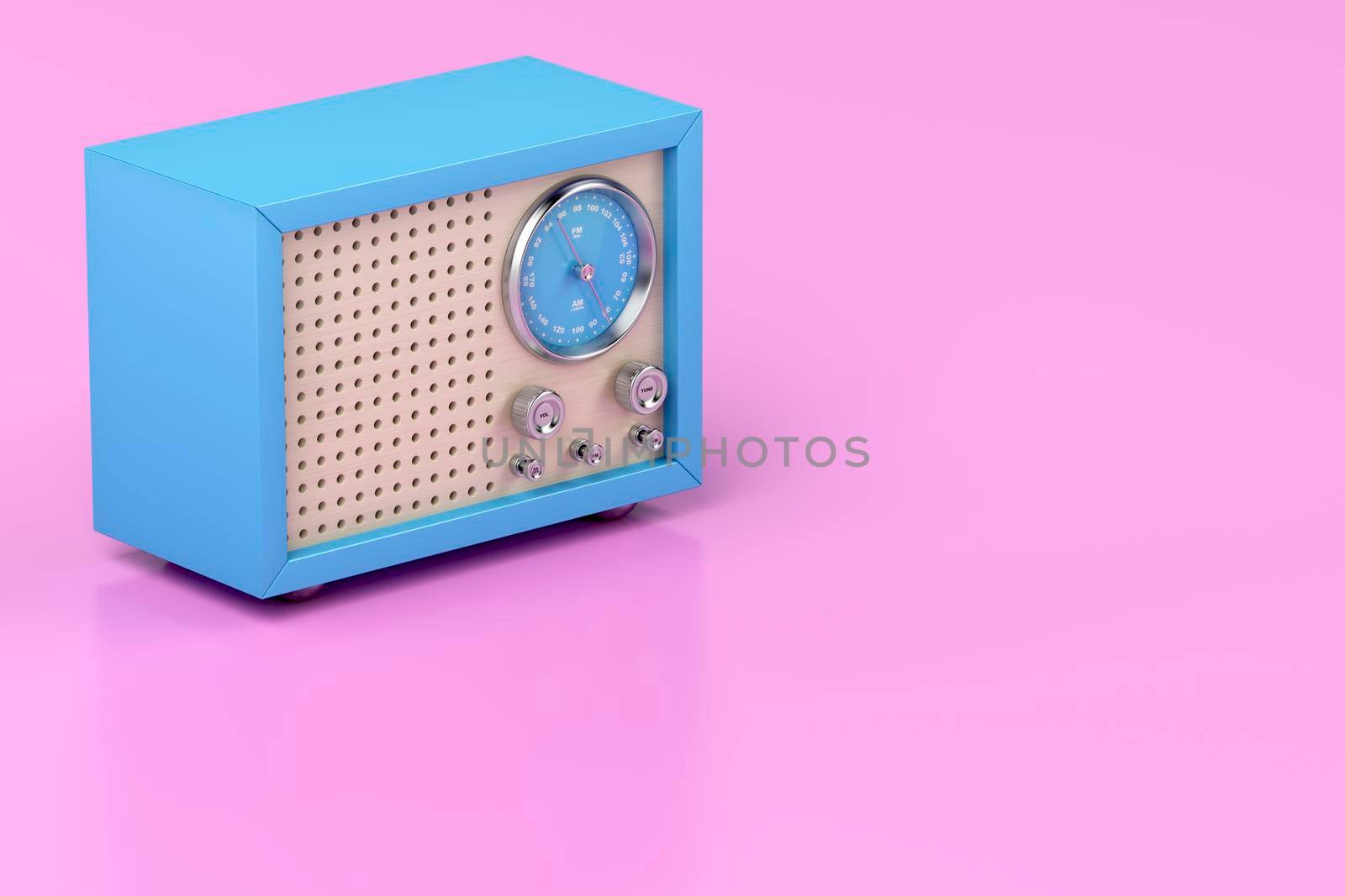 Blue retro radio on shiny pink background