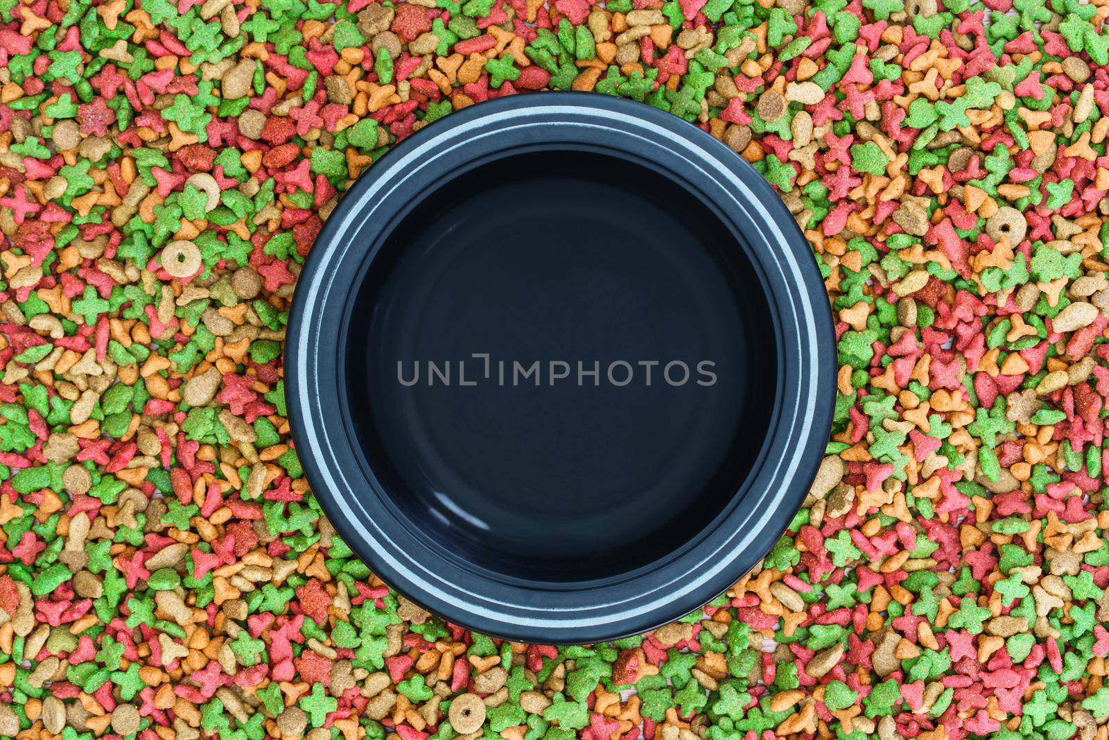 Top view dry food for cat and dog with empty bowl