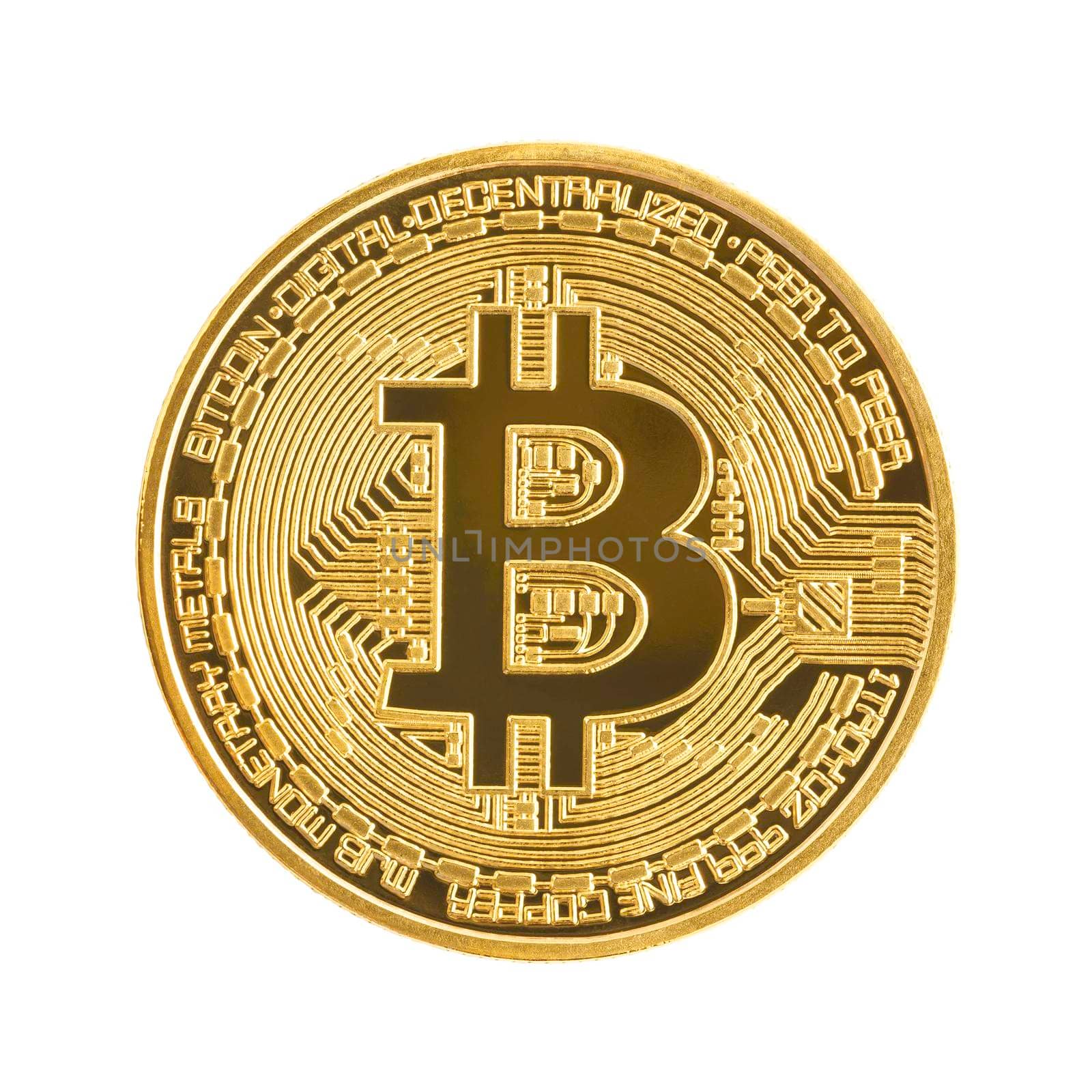 Golden coin with bitcoin symbol isolated on white  by stoonn