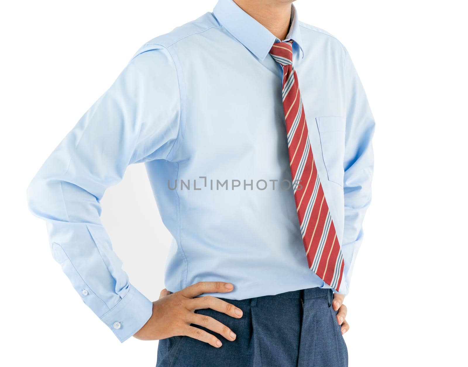 Man wear long sleeve shirt standing with akimbo studio shot isolated on white background