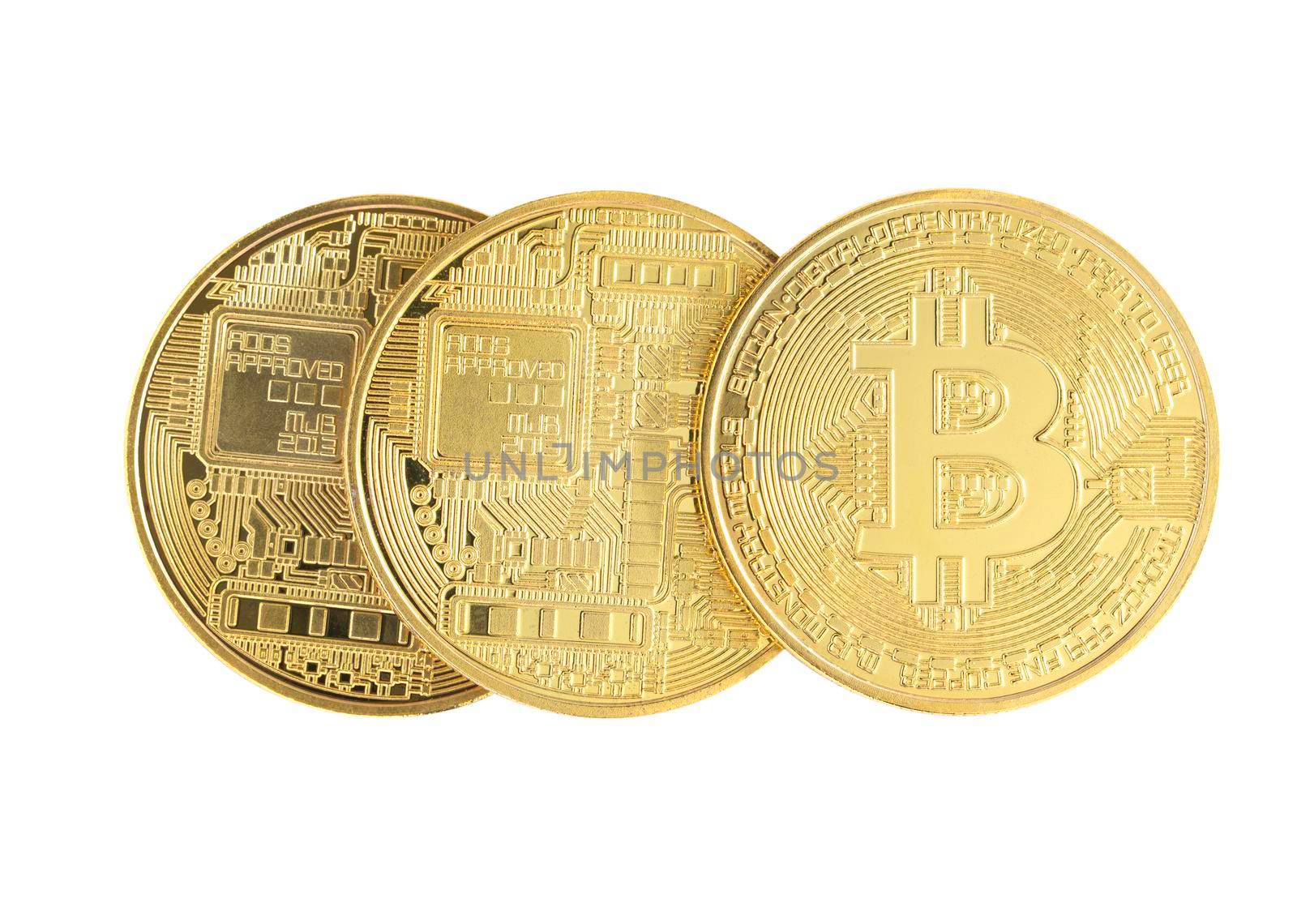 Three golden bitcoin coin isolated on white  by stoonn