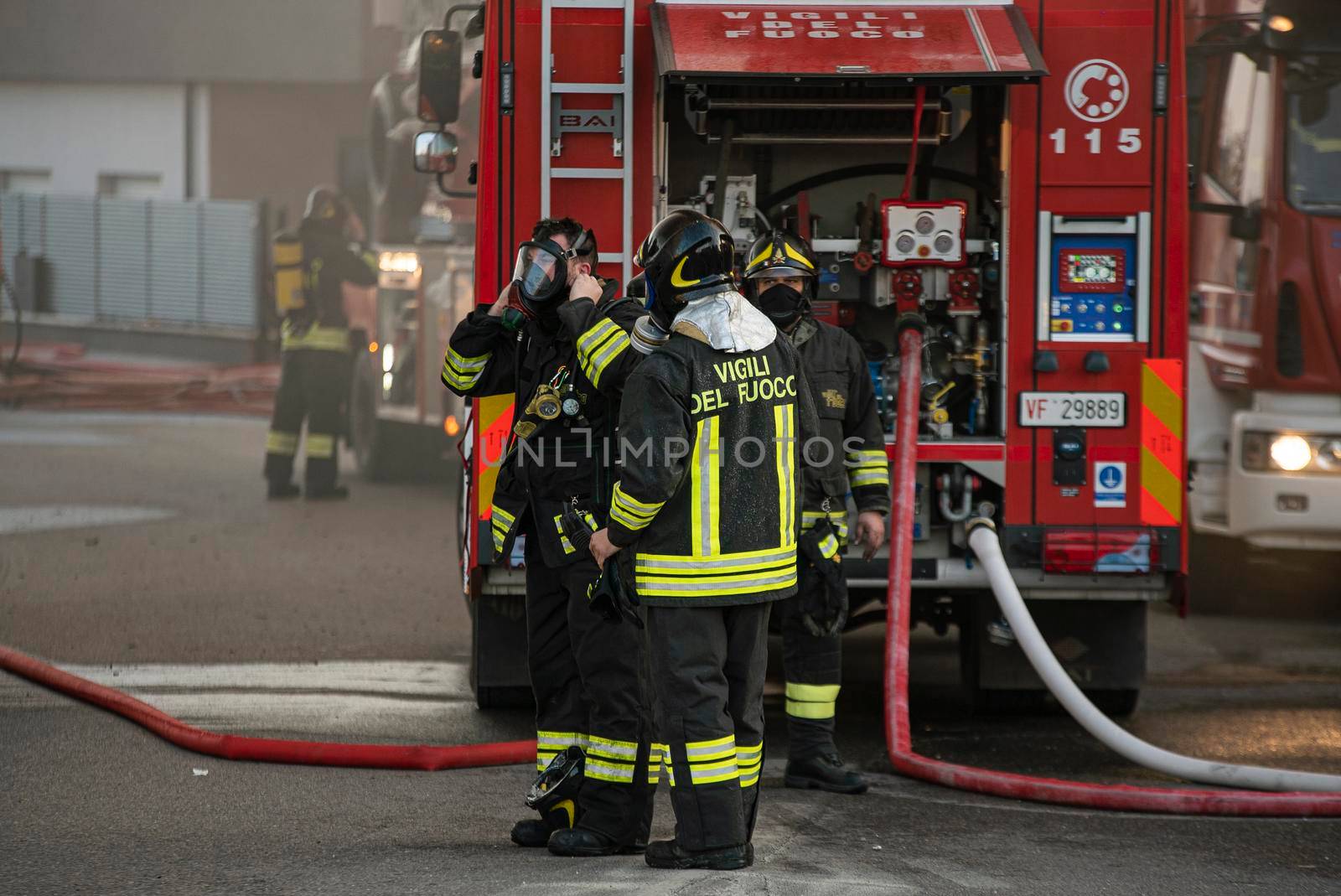 VILLANOVA DEL GHEBBO, ITALY 23 MARCH 2021: Firefighters detail at work