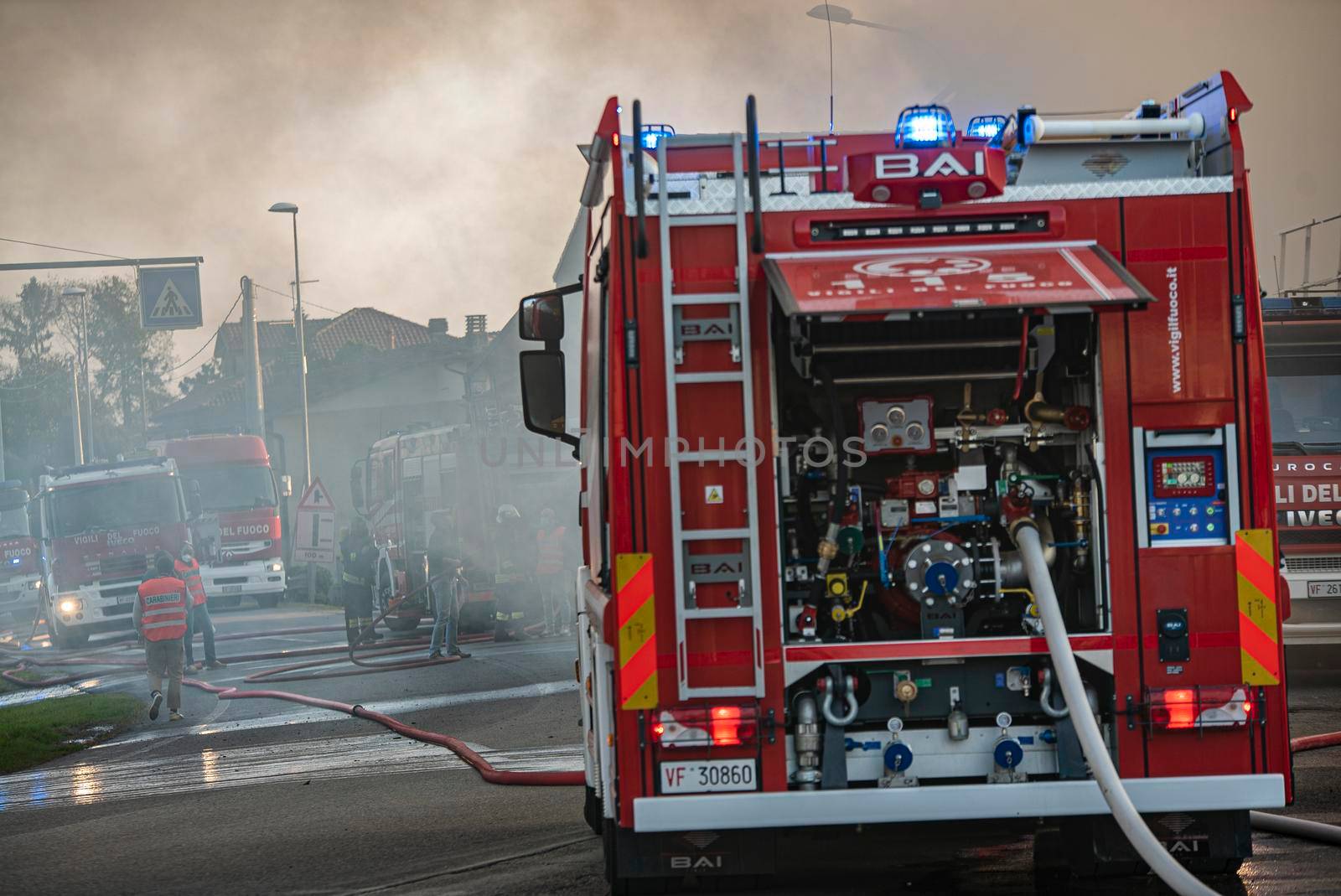 VILLANOVA DEL GHEBBO, ITALY 23 MARCH 2021: Firefighters emergency scene