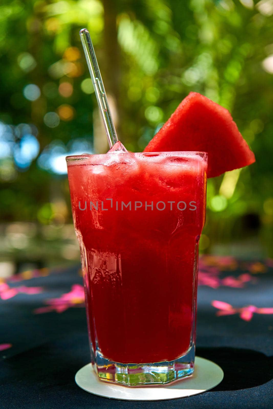 Glass cup of freshly squeezed watermelon juice with ice.