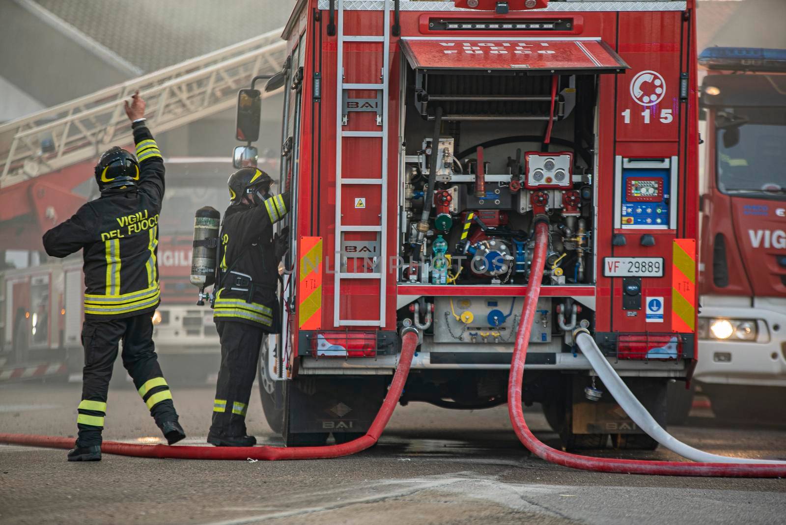 VILLANOVA DEL GHEBBO, ITALY 23 MARCH 2021: Firefighter emergency detail