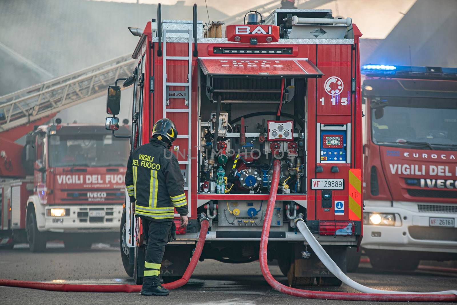 VILLANOVA DEL GHEBBO, ITALY 23 MARCH 2021: Firefighter emergency detail