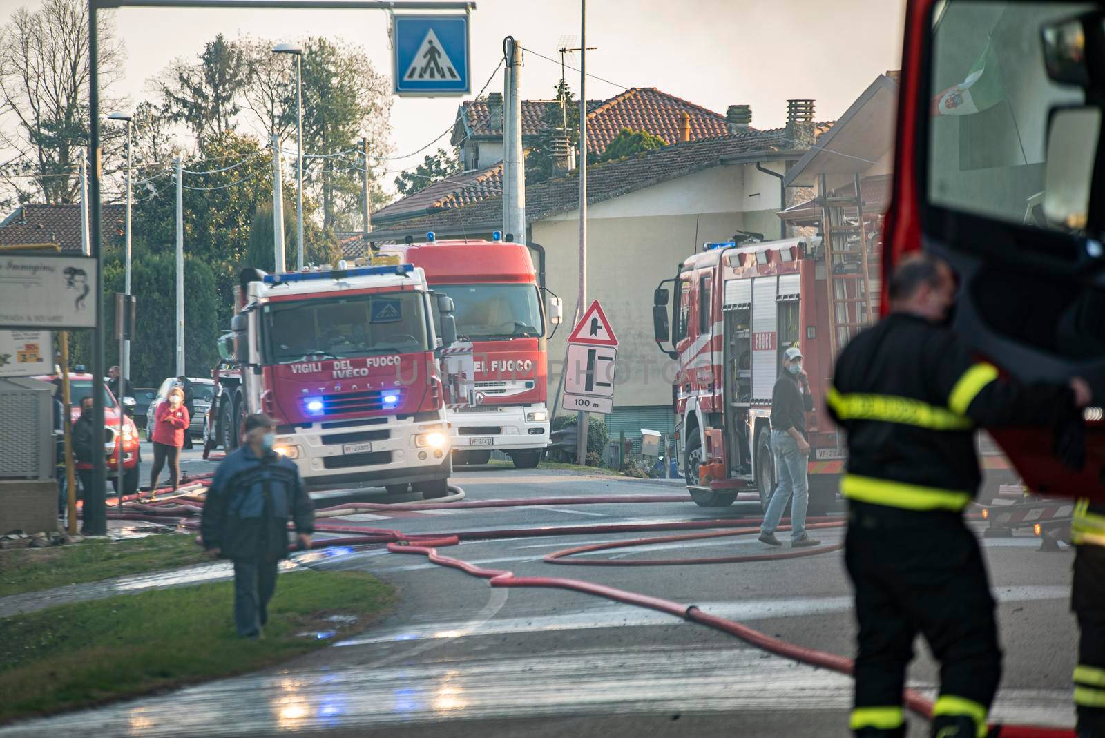 VILLANOVA DEL GHEBBO, ITALY 23 MARCH 2021: Italian Firefighters emergency