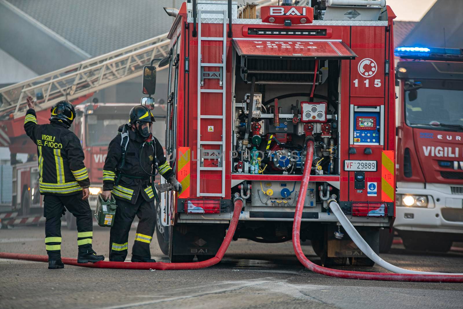 VILLANOVA DEL GHEBBO, ITALY 23 MARCH 2021: Firefighter emergency detail