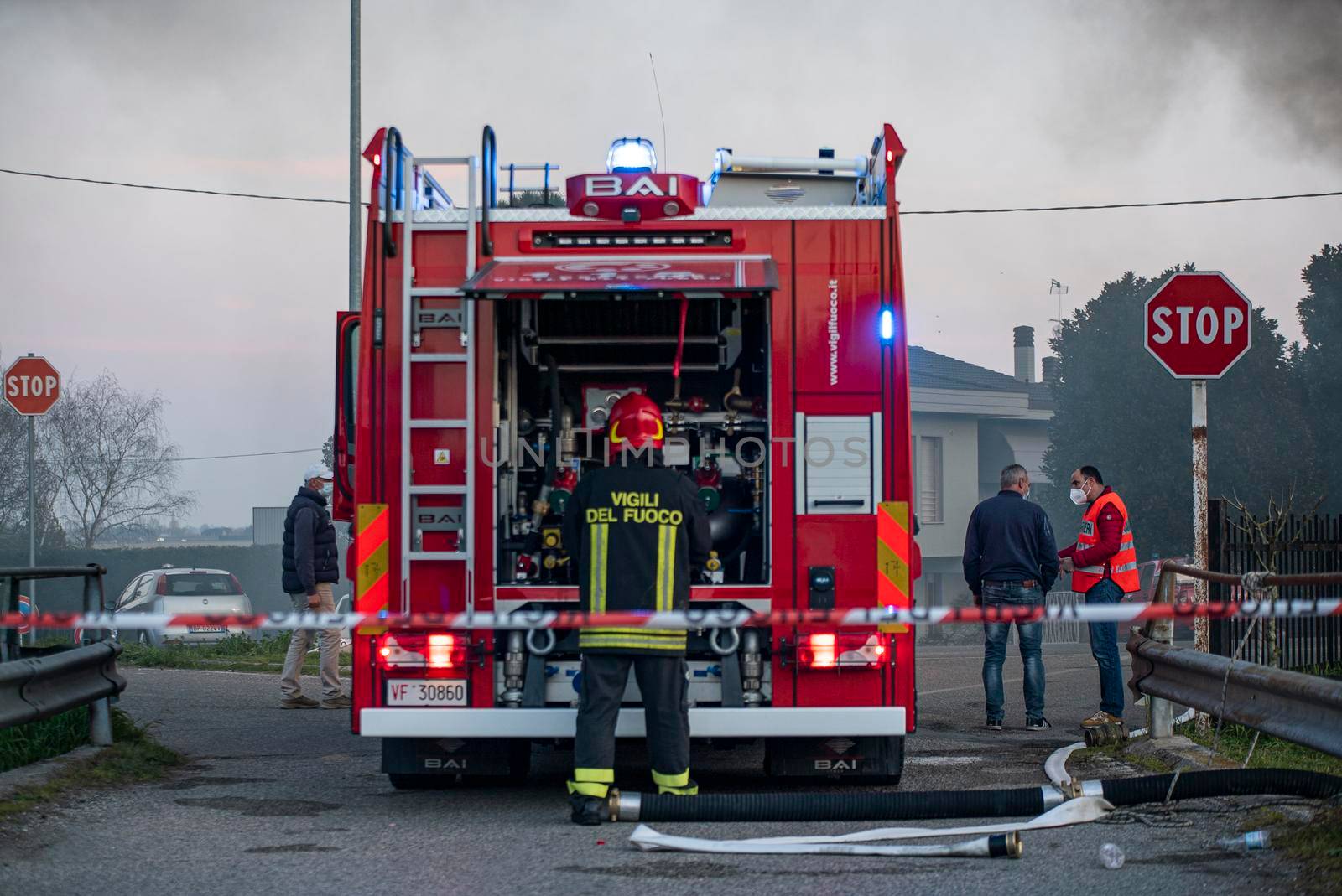 VILLANOVA DEL GHEBBO, ITALY 23 MARCH 2021: Firefighters with the truck