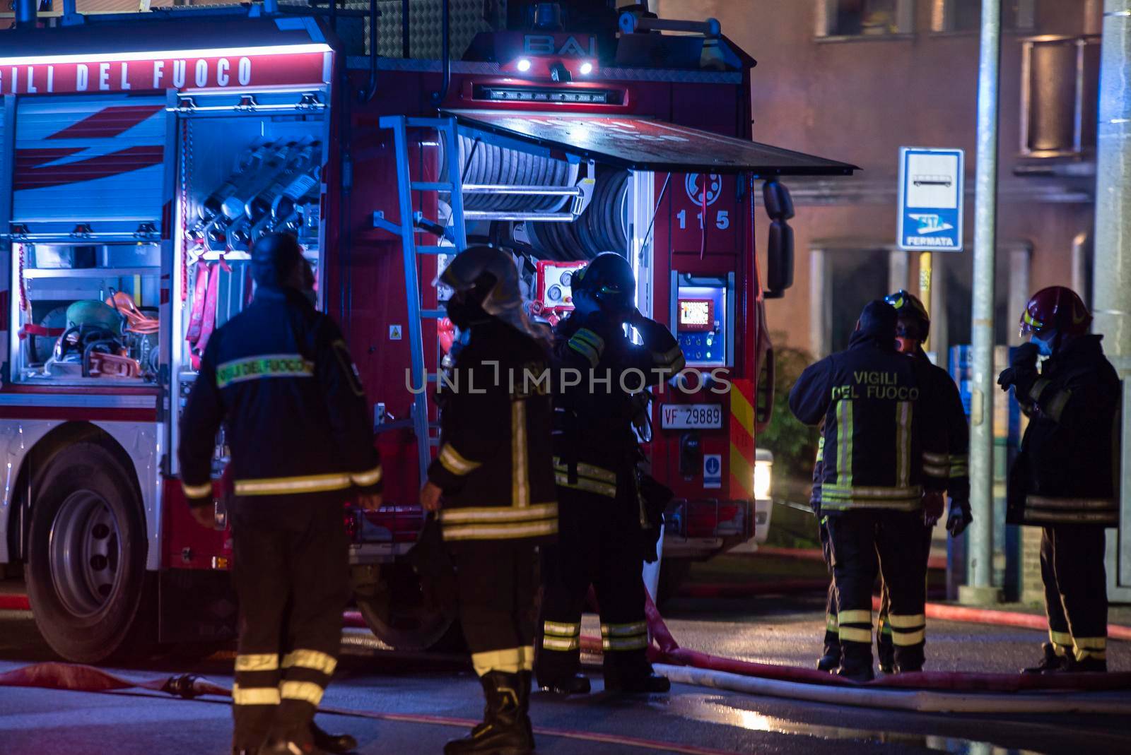 VILLANOVA DEL GHEBBO, ITALY 23 MARCH 2021: Night firefighters detail