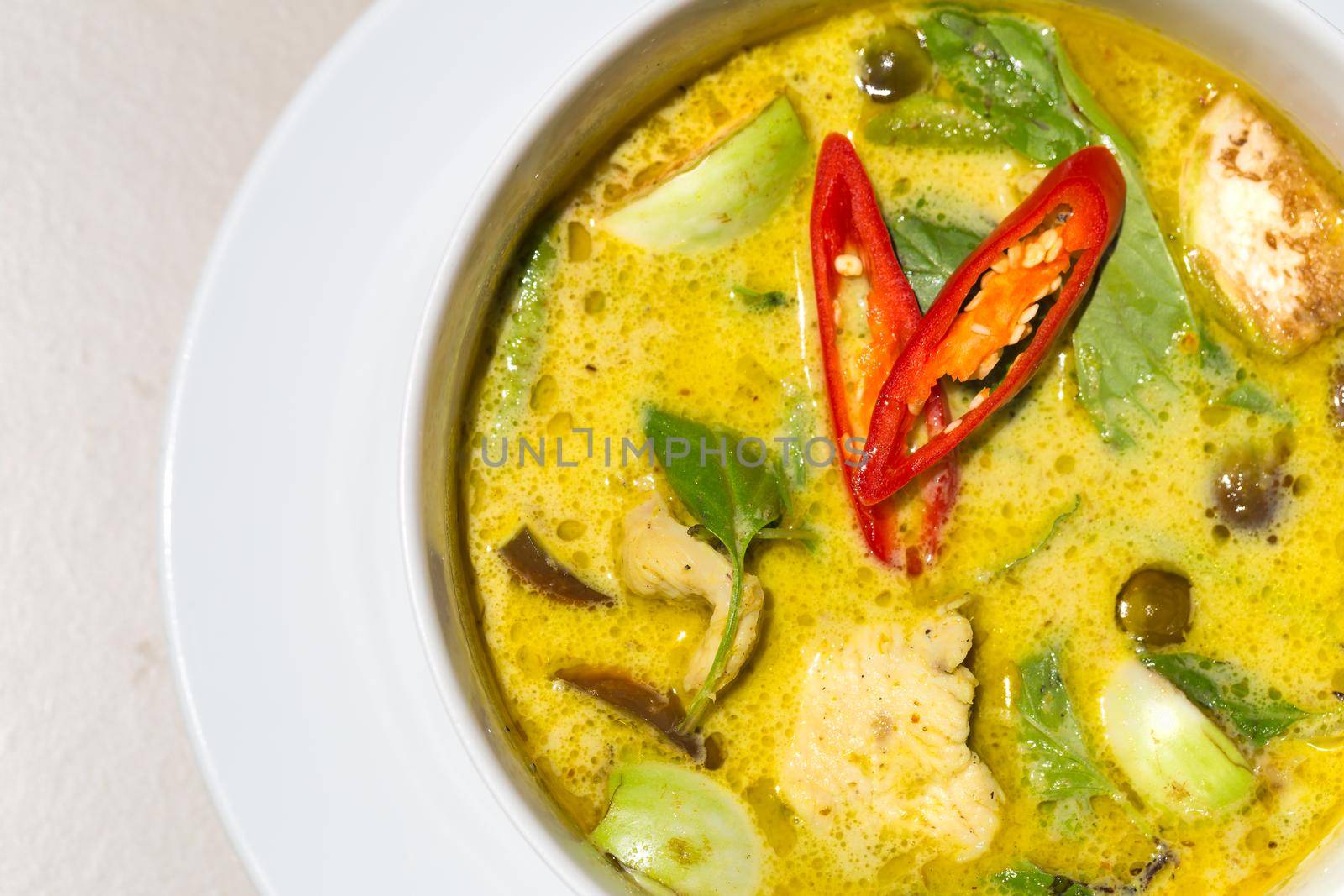 Thai food chicken green curry top view with copy space