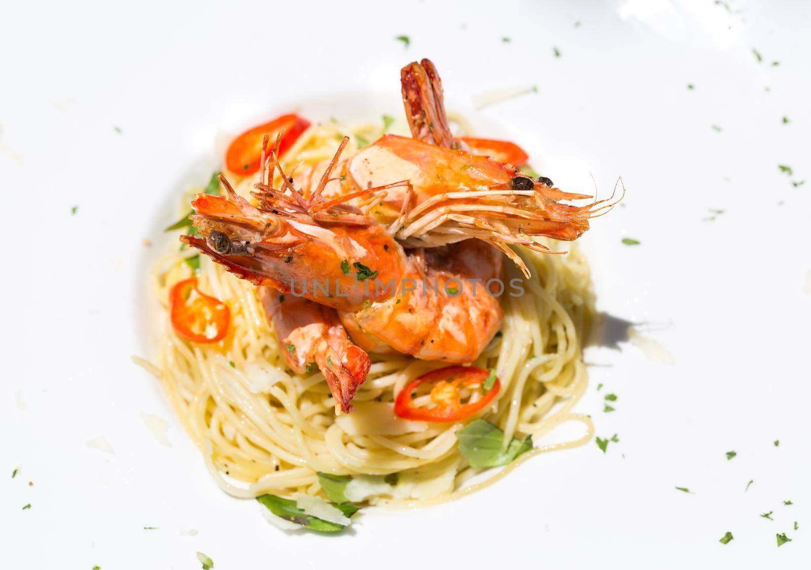Italian Spaghetti with tiger prawn. Copy Space