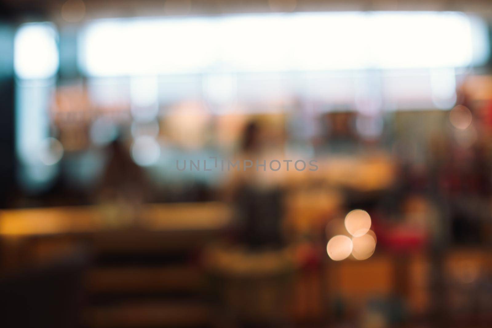 Close up abstract blurred people in food center