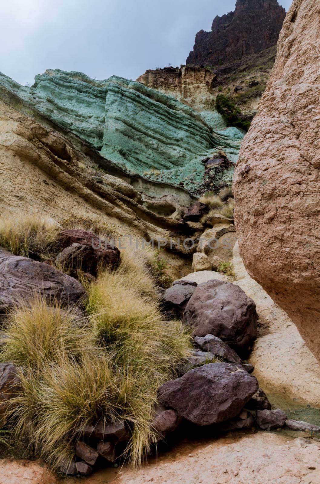 Close-up of coloured rocks covered in grass with a high mountain in the background