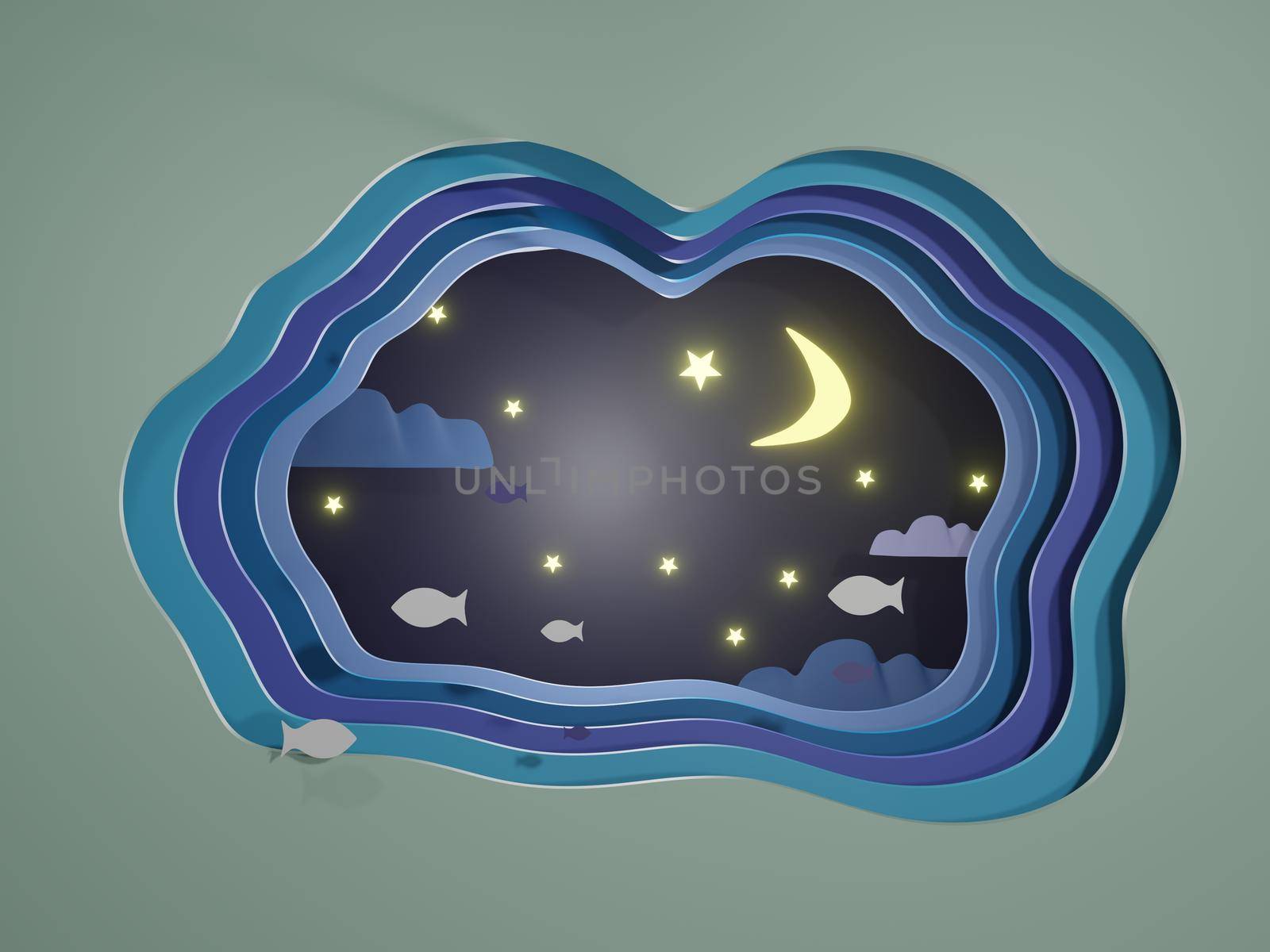 Abstract night sky with stars and fish swimming in the night modern 3d origami paper art style 3d rendering.