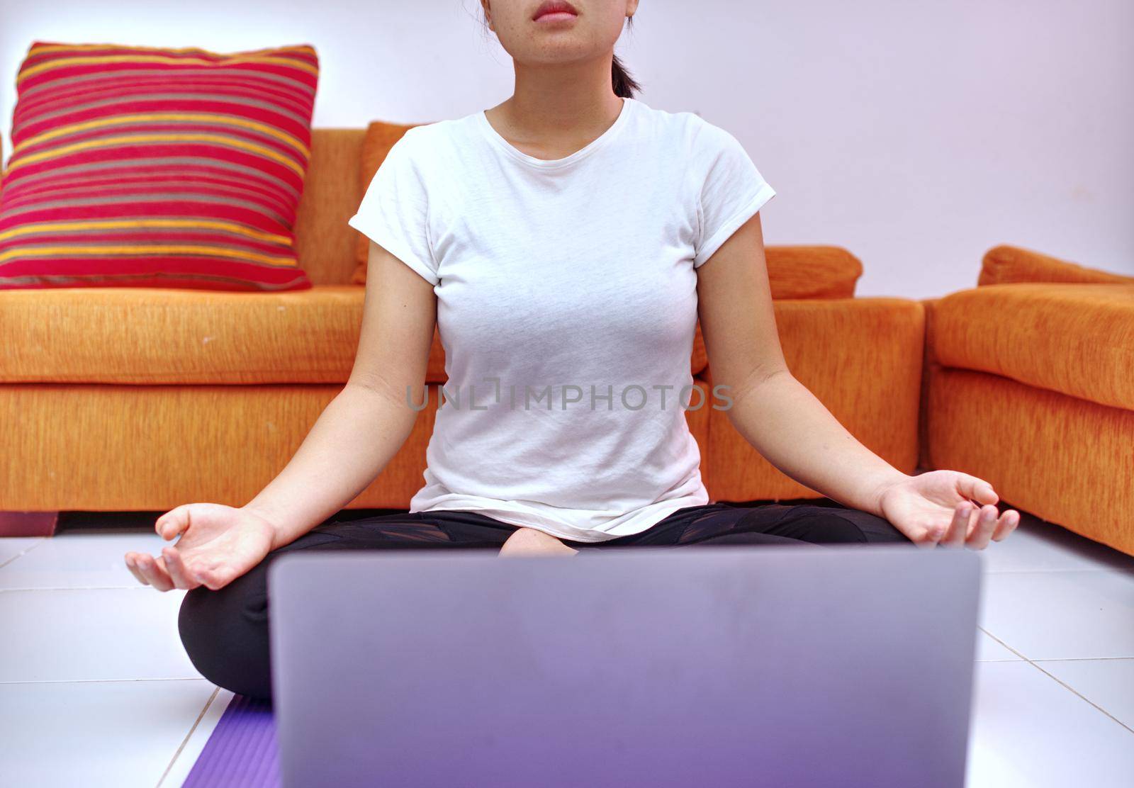 A young woman doing exercise as a model from an online course on her laptop