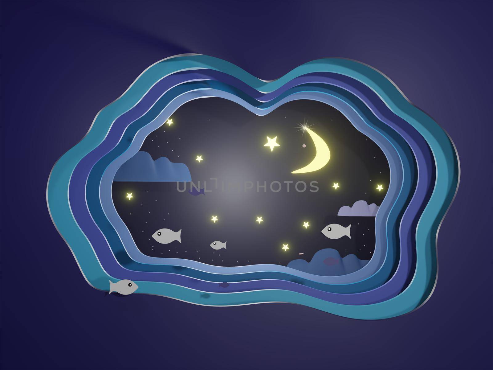 Abstract night sky with stars and fish swimming in the night modern 3d origami paper art style 3d rendering. by noppha80