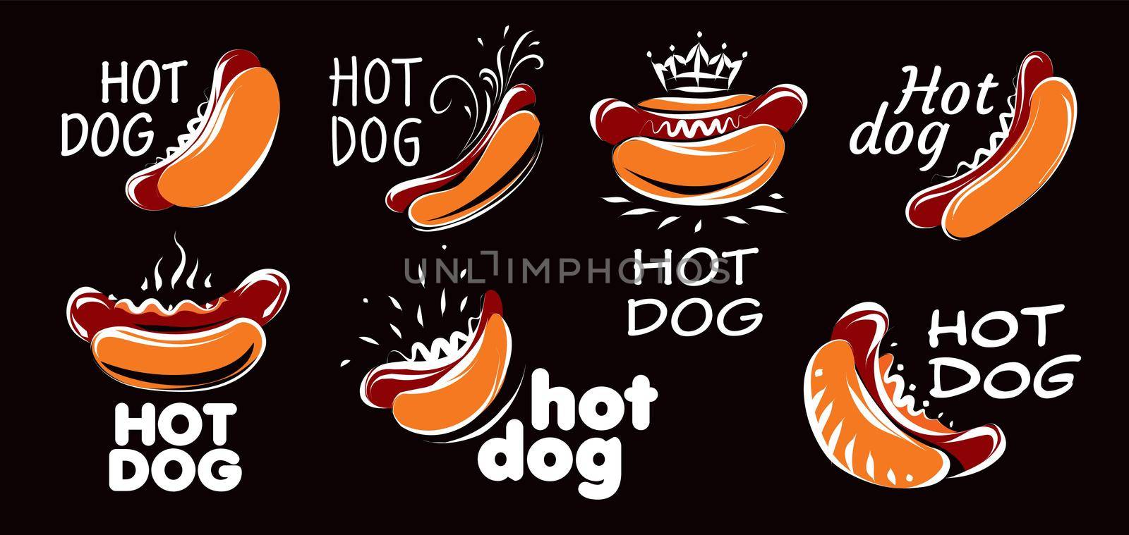 Vector set of drawn hot dogs on a black background.