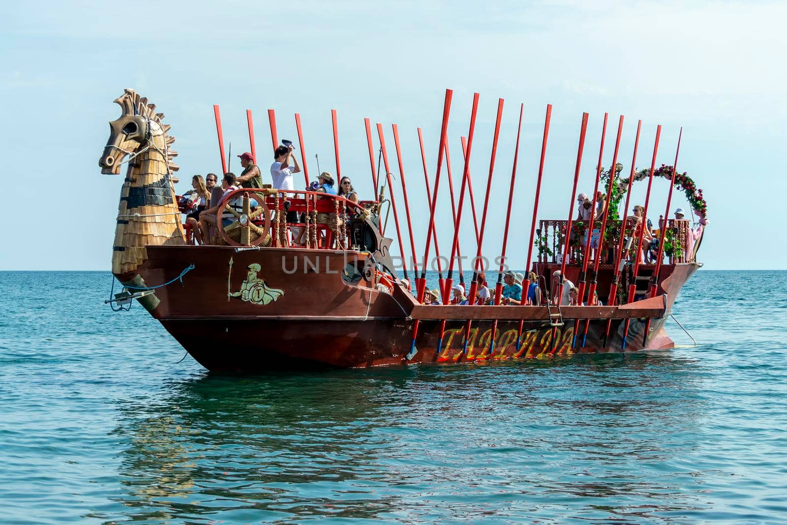 Boat in the form of galleys on black sea