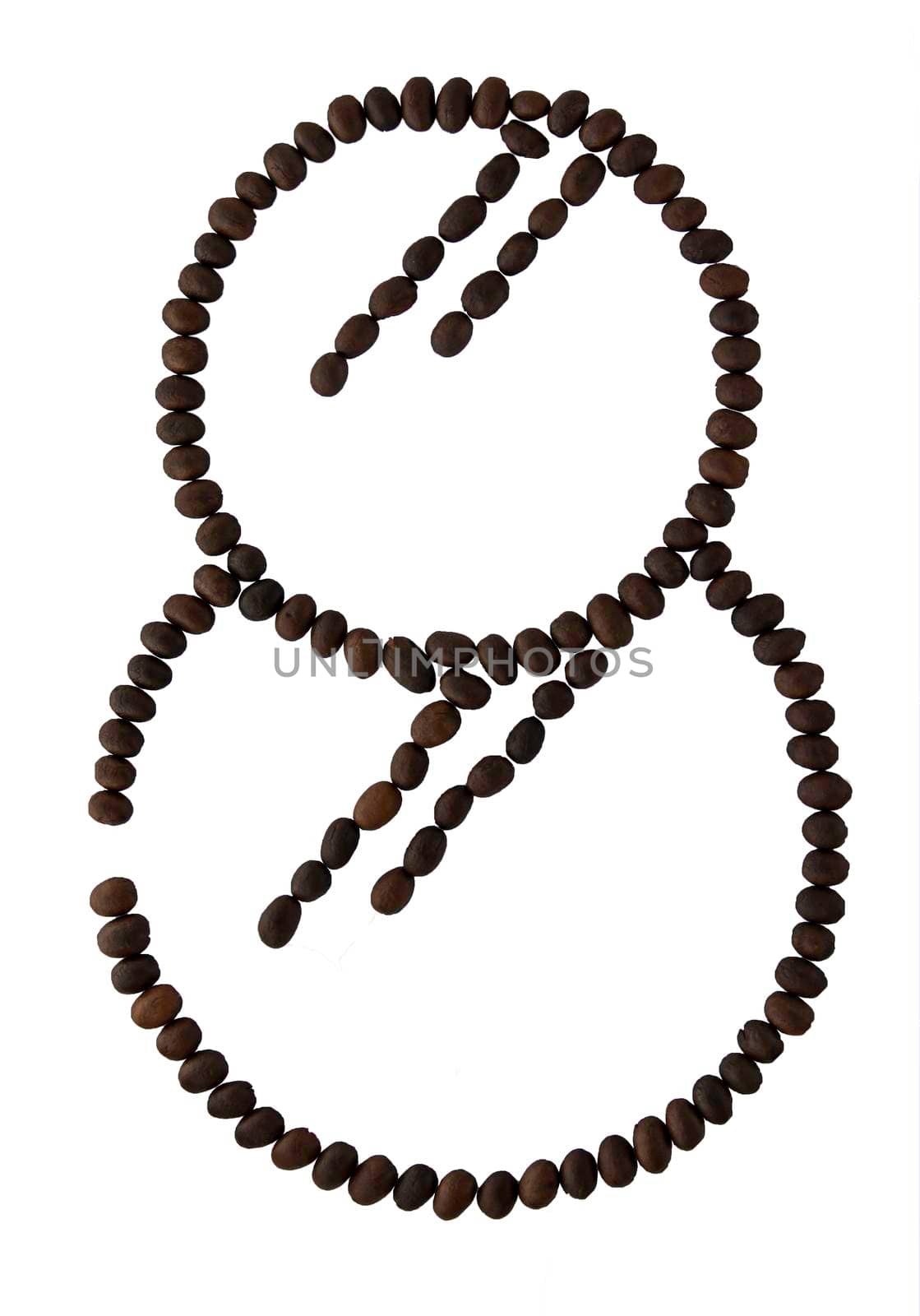Number 8 made from roasted coffee seeds isolated on white background with clipping path from the top view can use for your messages. Selective focus.